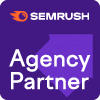 Semrush Agency Partner badge with a purple background and orange logo.