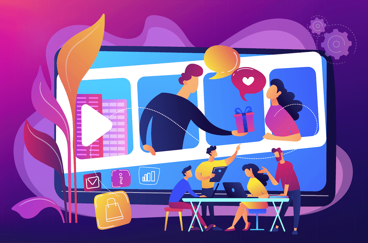 Illustration of digital marketing team creating engaging visual content on a large screen.