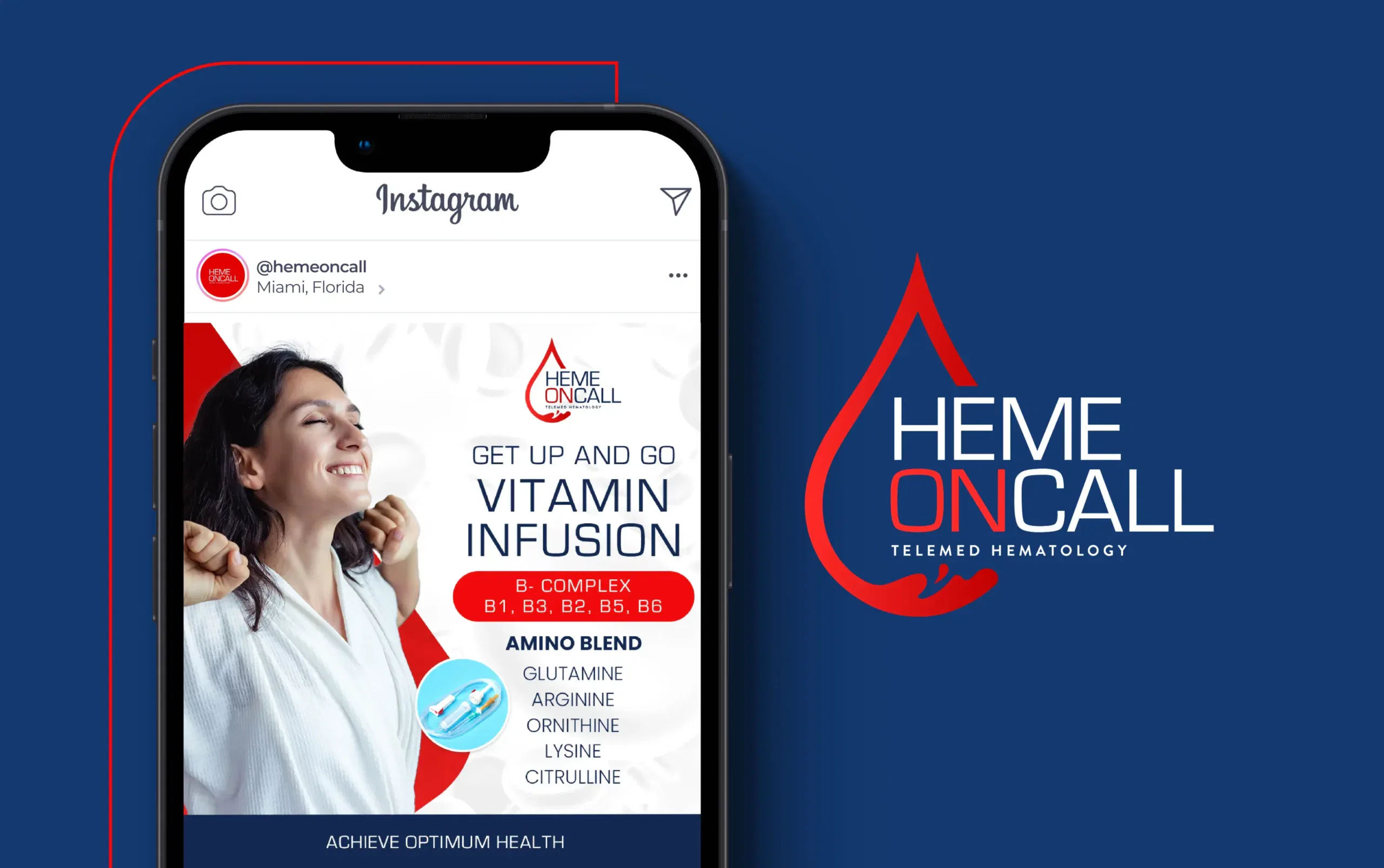 Mobile phone displaying Instagram post about vitamin infusion with a joyful woman and Heme On Call logo.