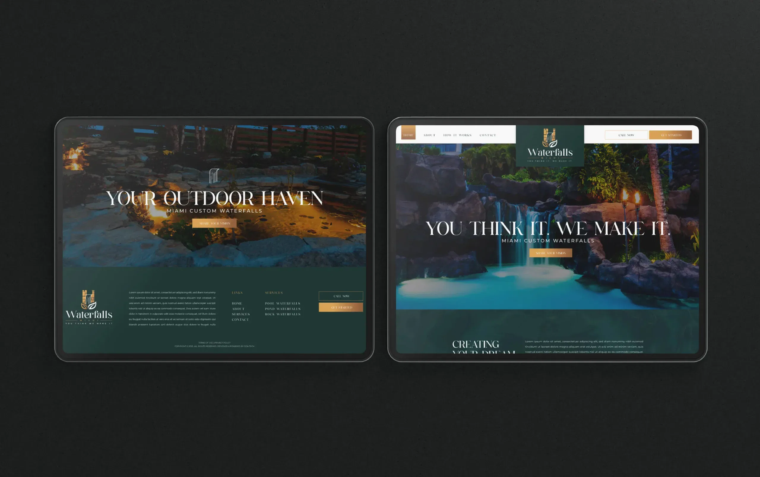 Two modern website designs showcasing luxury outdoor spaces with pools and serene landscapes.