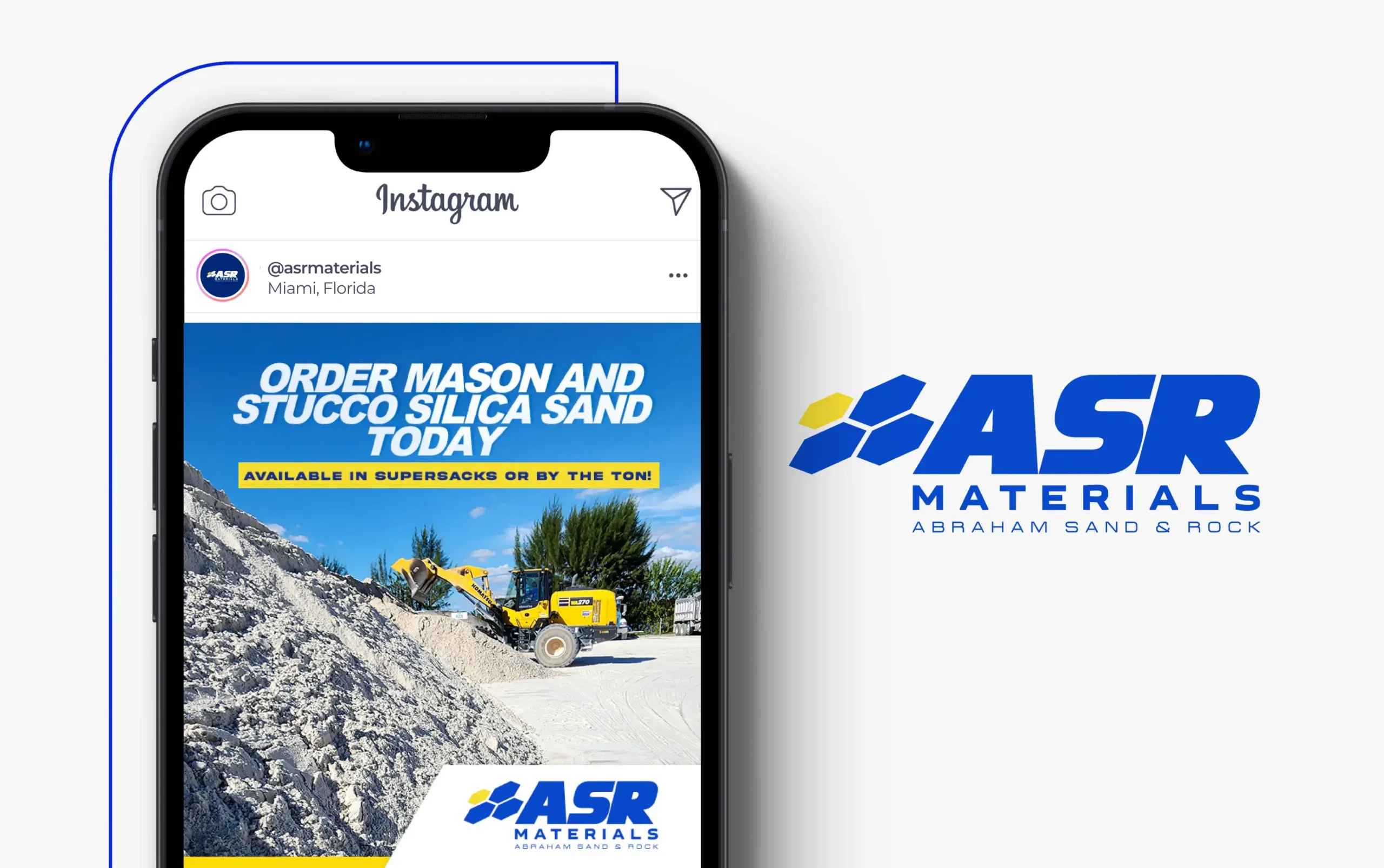 ASR Materials Instagram post showcasing mason and stucco silica sand with a loader on a construction site.