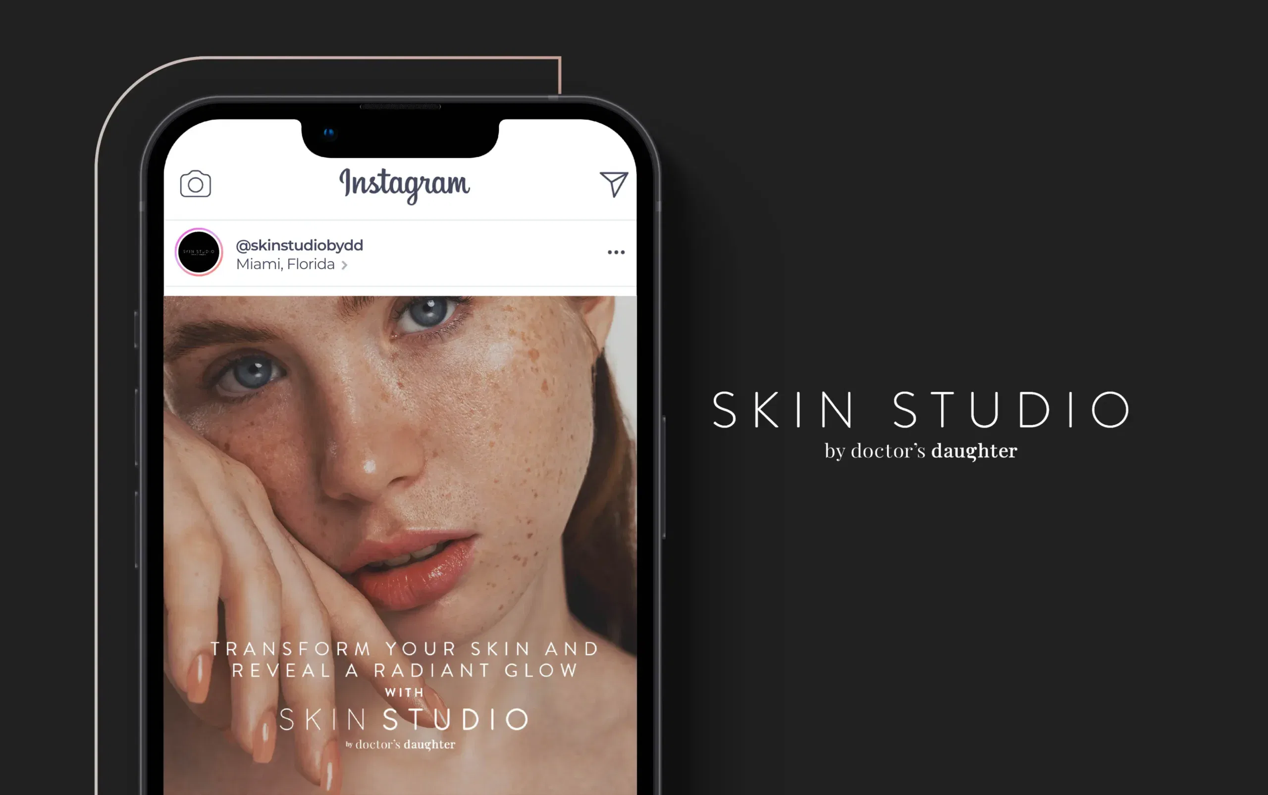 Smartphone displaying a skincare app with a model showcasing radiant skin.