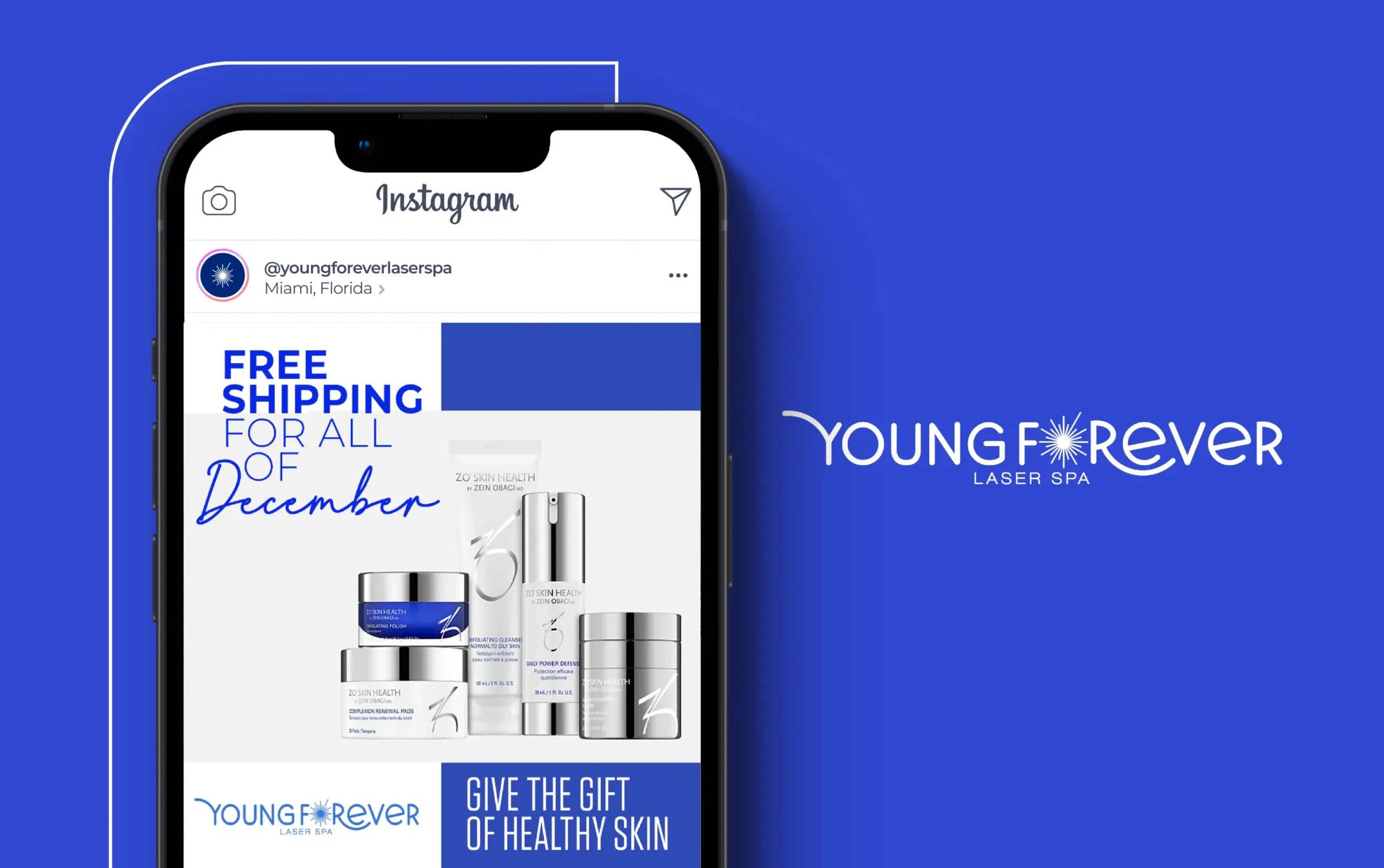 Instagram post showcasing Young Forever Laser Spa's skincare products with a December free shipping offer.