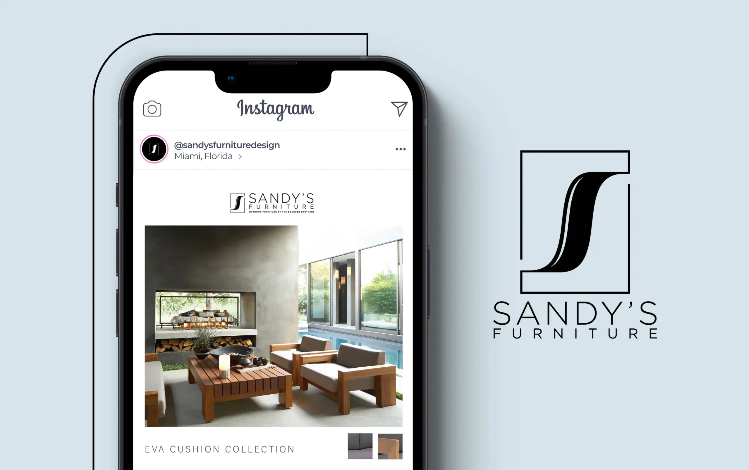Modern phone displaying Sandy's Furniture Instagram profile with elegant living room setting.