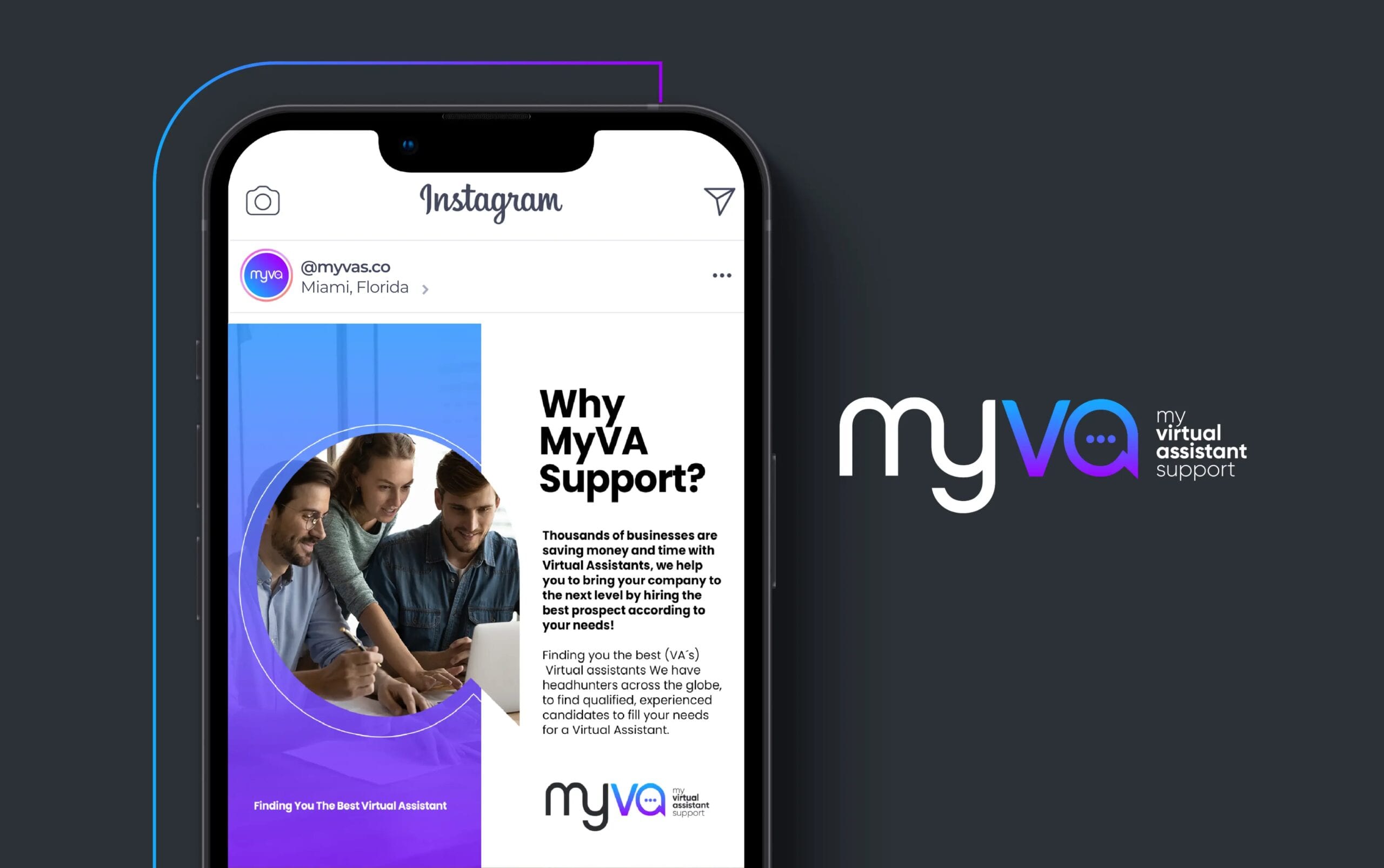 Smartphone displaying MyVA support information with three individuals collaborating.