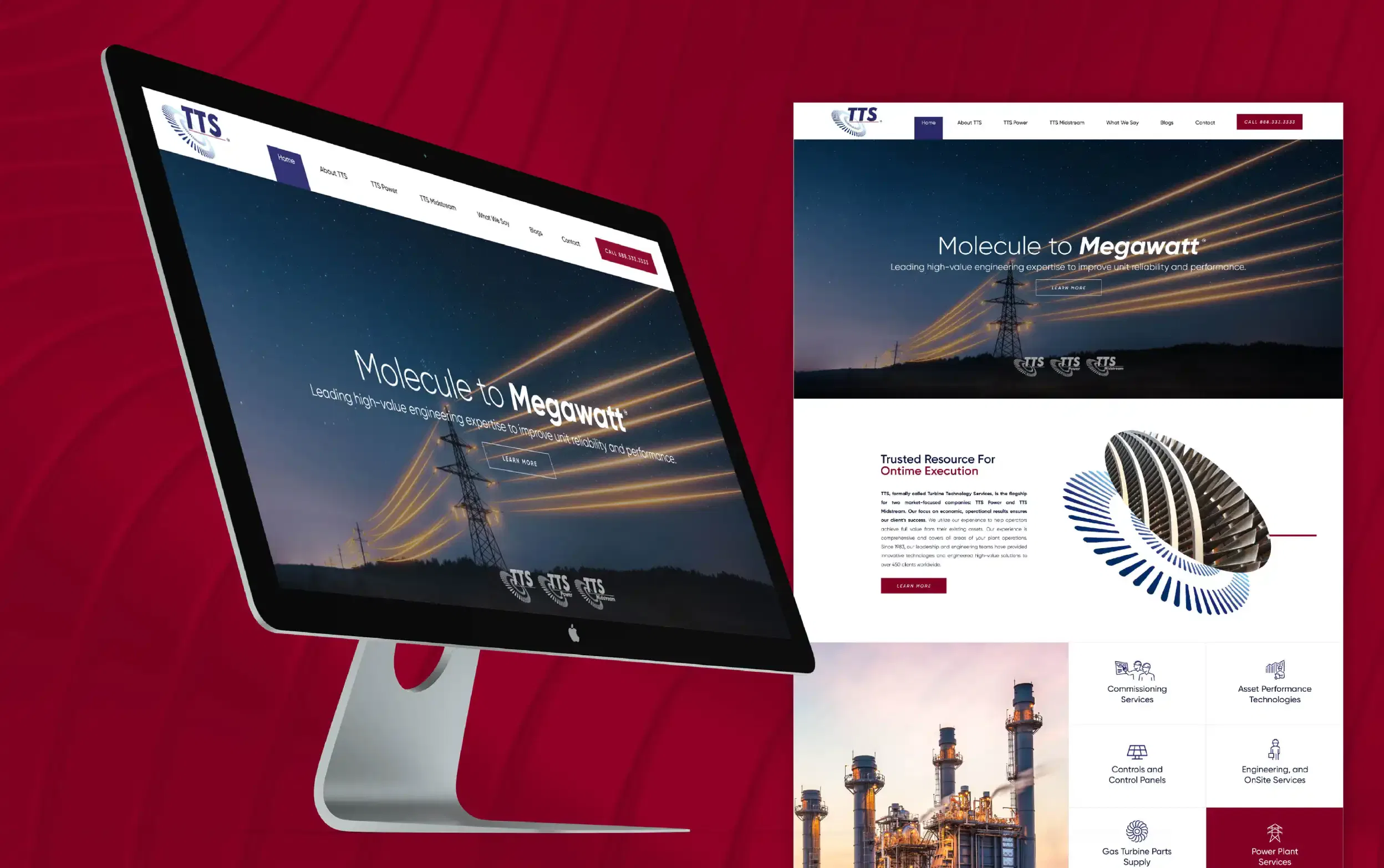 Modern website design displayed on desktop screen with industrial image and dynamic graphics.