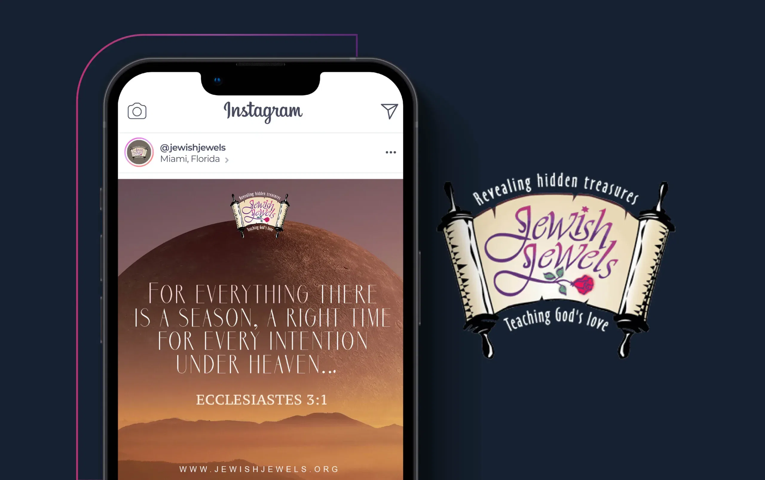 Smartphone displaying an Instagram post featuring a Jewish quote from Ecclesiastes 3:1 on a serene landscape background.