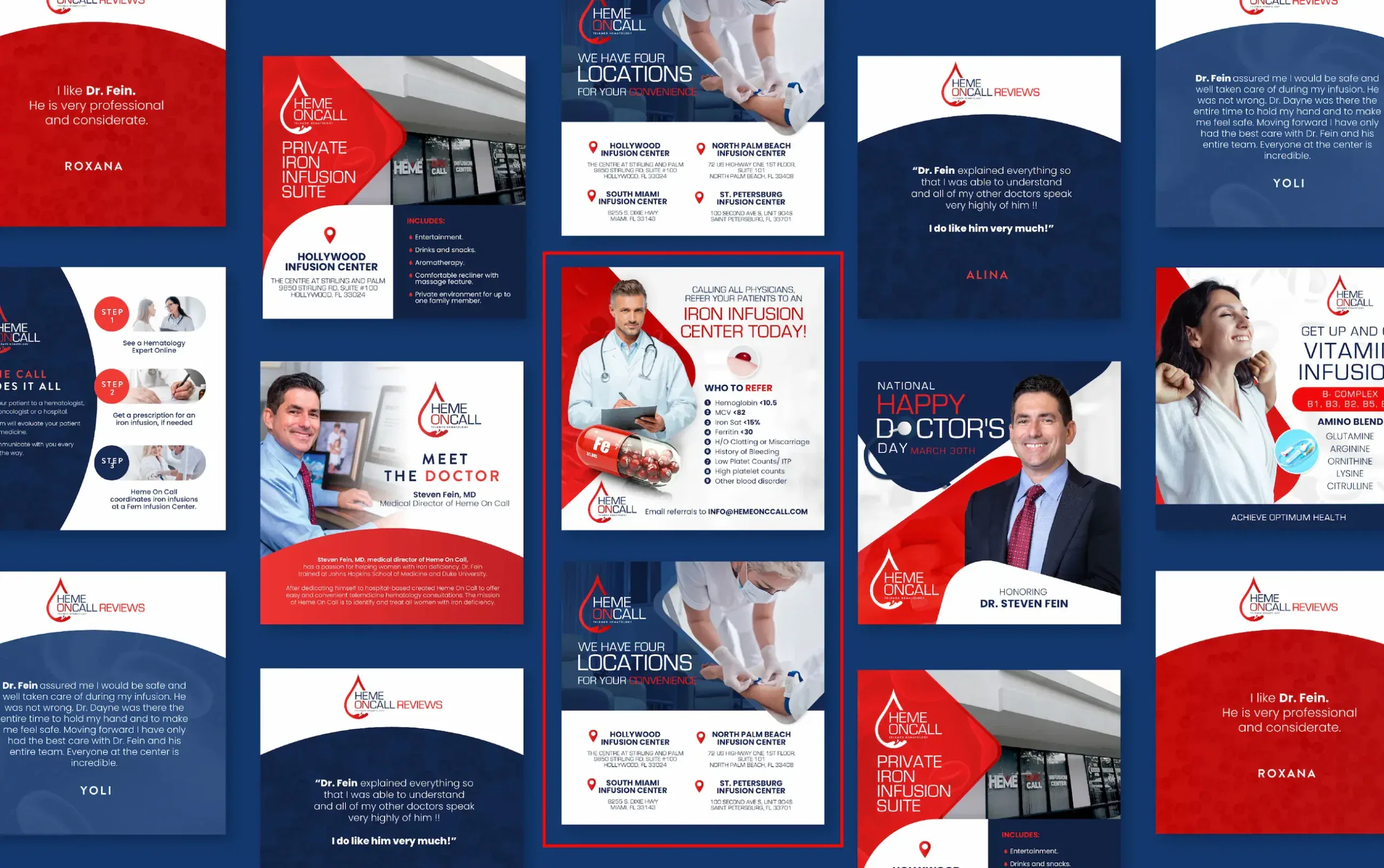 Healthcare promotional layout with smiling doctors and informative text blocks in a colorful grid design.