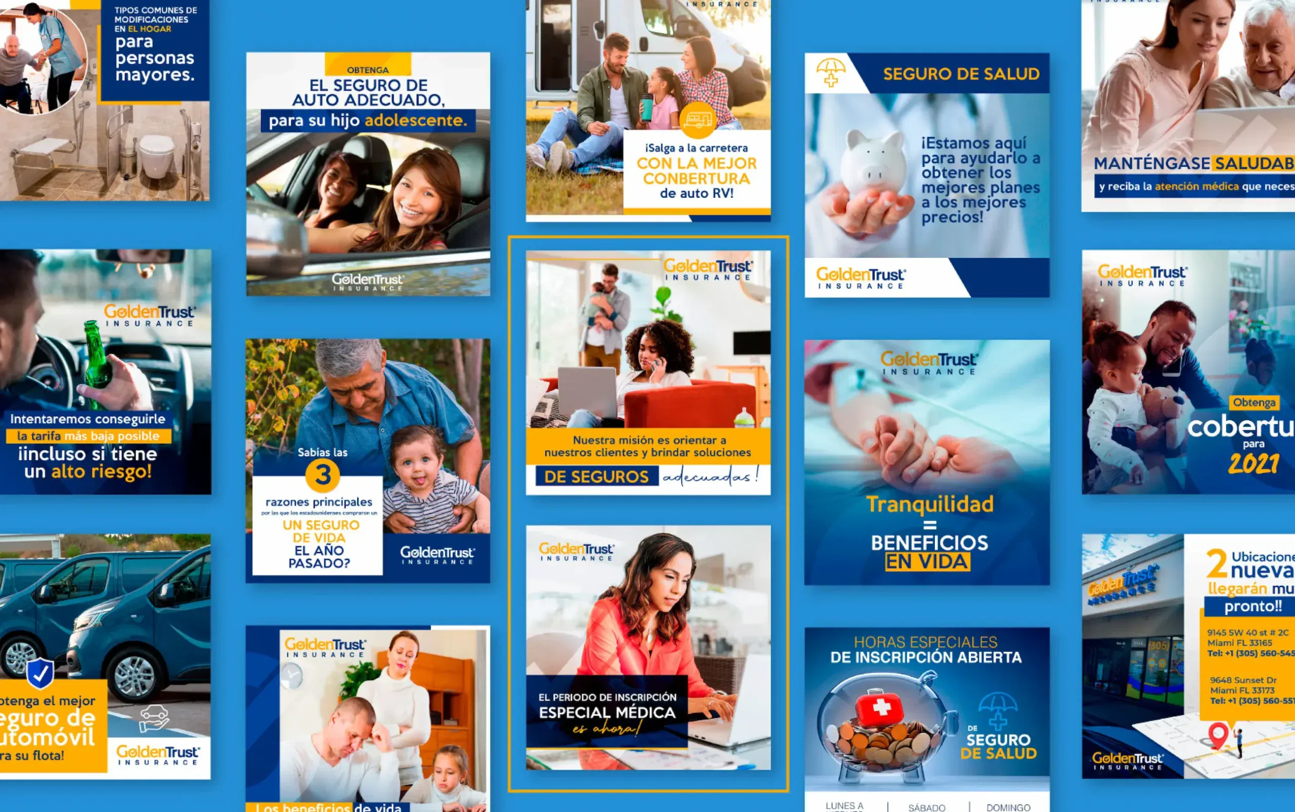 Collage of insurance-themed images highlighting family, health, and car safety.