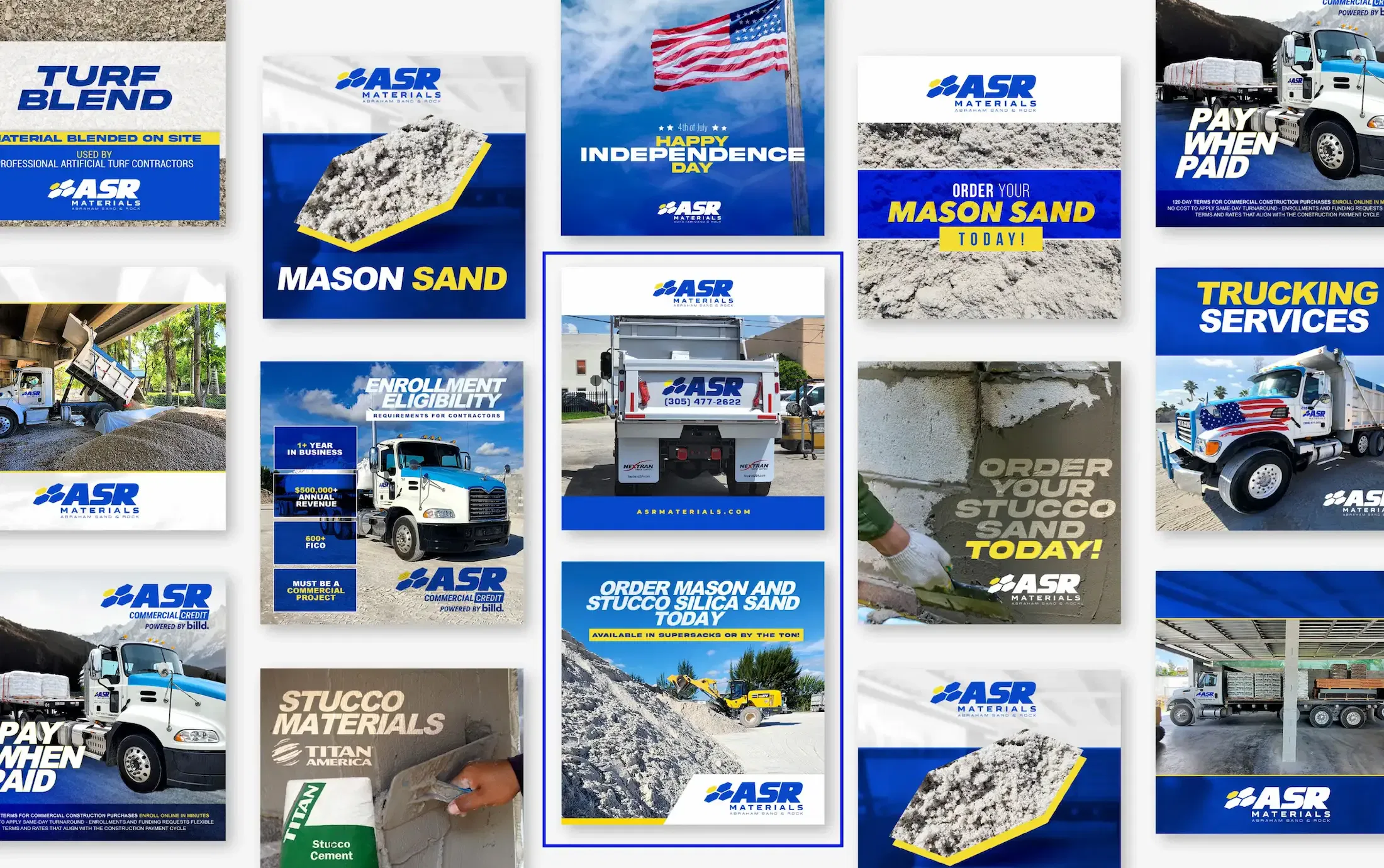 A collage of construction materials and trucking services advertisements featuring sand and gravel imagery.