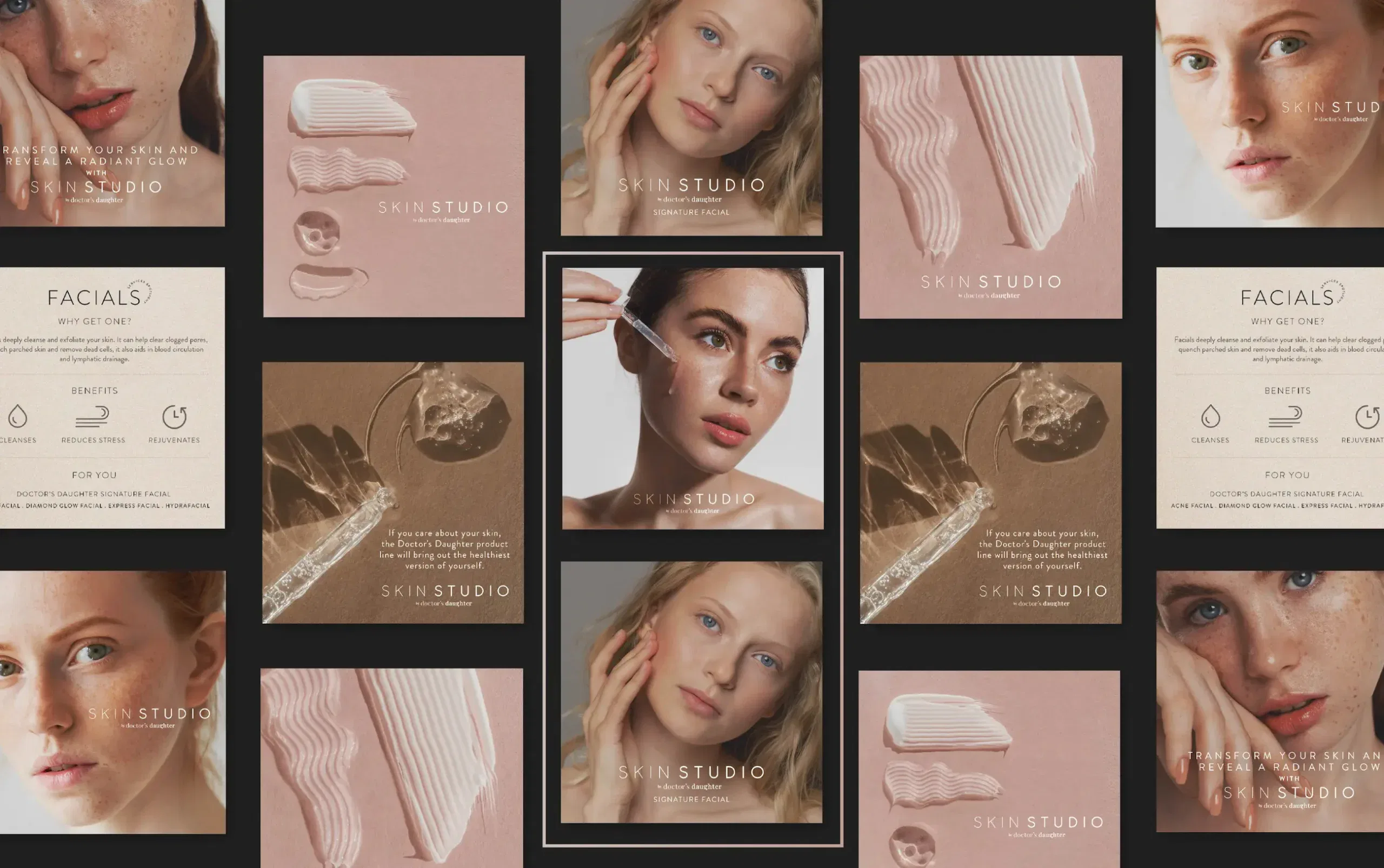 Collage of skincare product images and models applying facial treatments.
