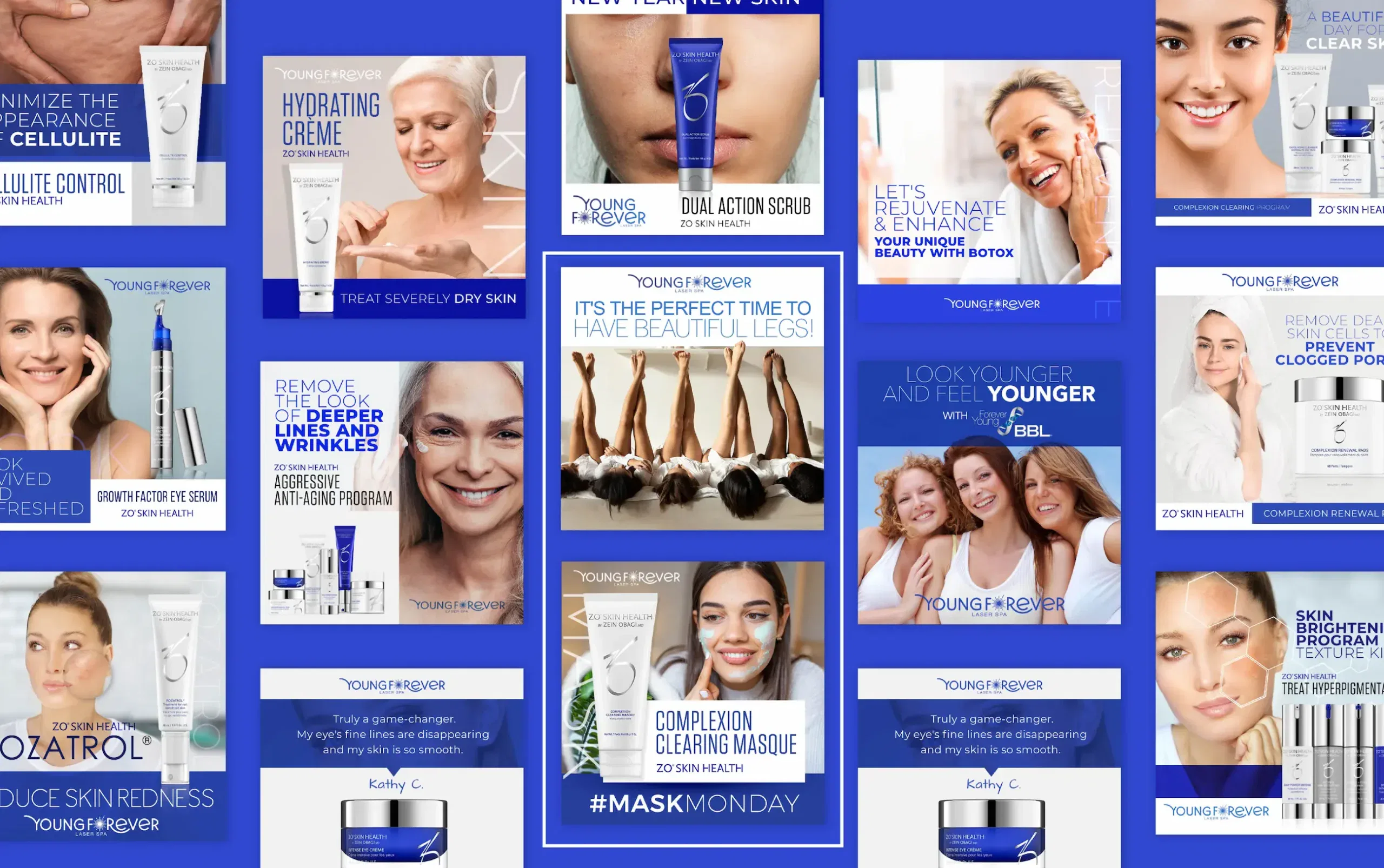 Skincare products and testimonials collage featuring diverse individuals and anti-aging solutions.