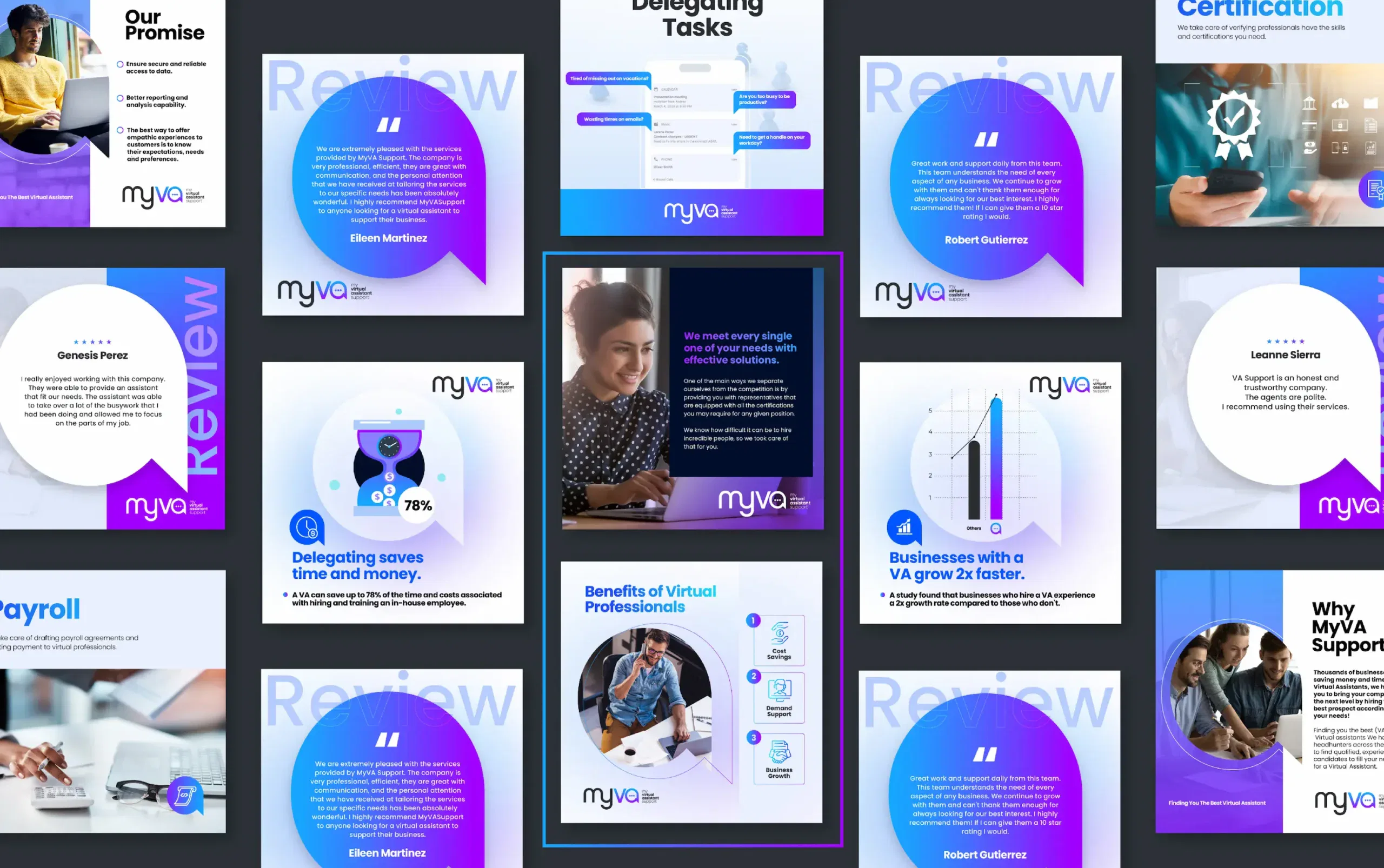 A collage of promotional business graphics with vibrant colors, featuring charts, reviews, and teamwork concepts.