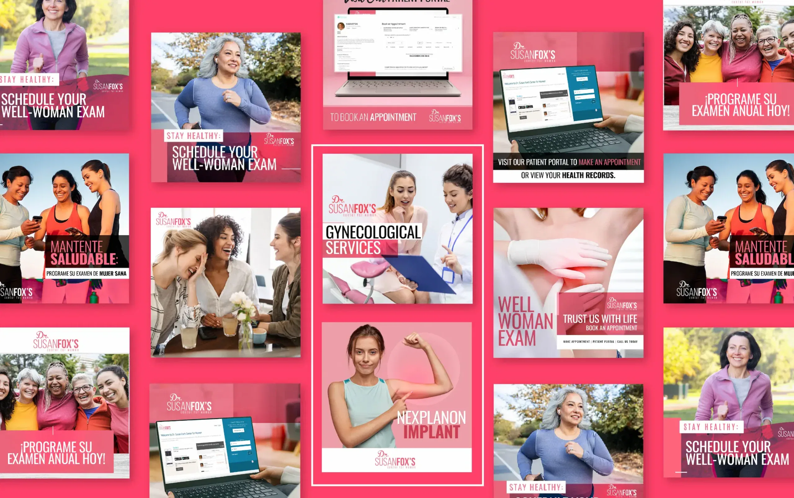 Collage of women promoting healthcare services, including gynecological exams and health check-ups.