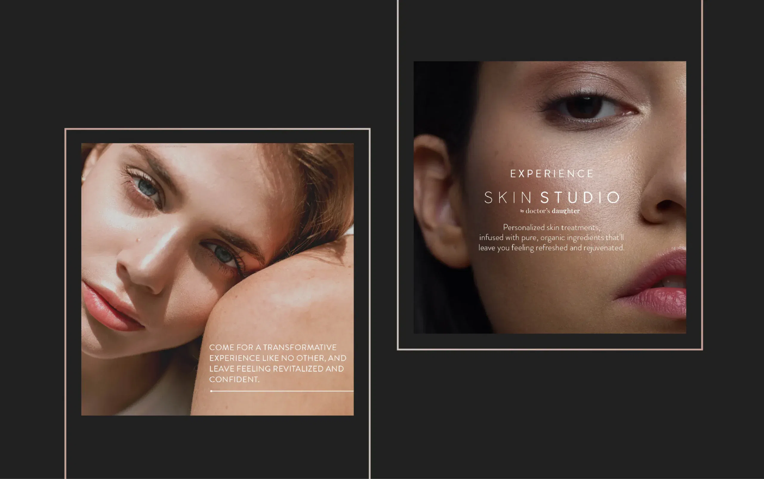 Close-up portraits highlighting smooth, radiant skin with soft lighting emphasizing natural beauty.