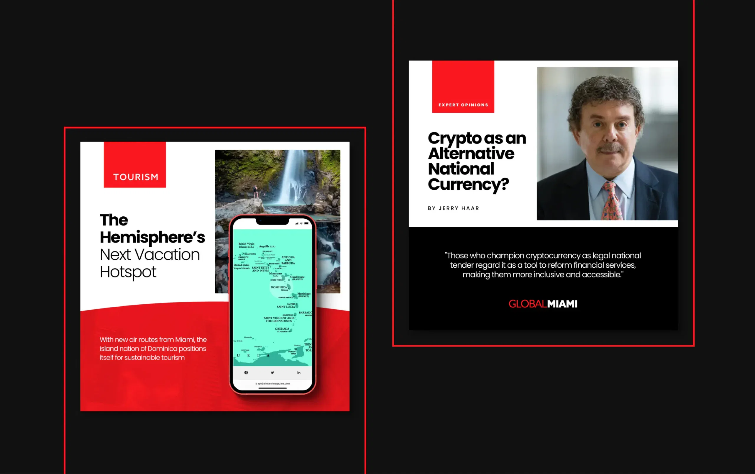 Split image with travel hotspot advertisement and crypto currency article.