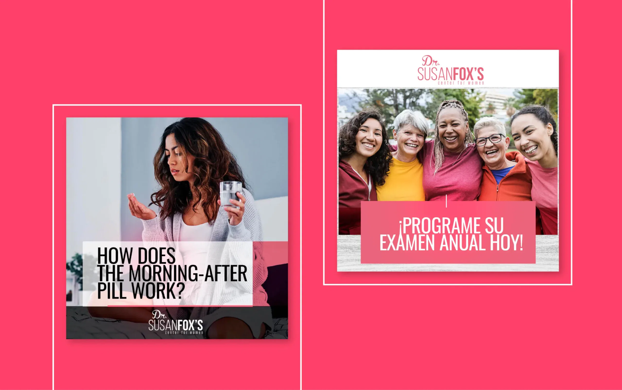 Two health-focused graphics highlighting women's health topics, including the morning-after pill and scheduling annual exams, featuring diverse women smiling.
