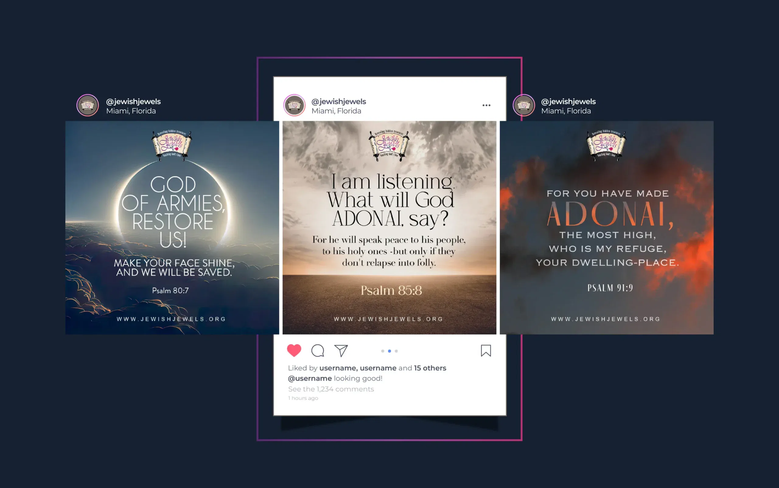 Three inspirational quote images from scriptures, featuring spiritual messages and serene backgrounds.