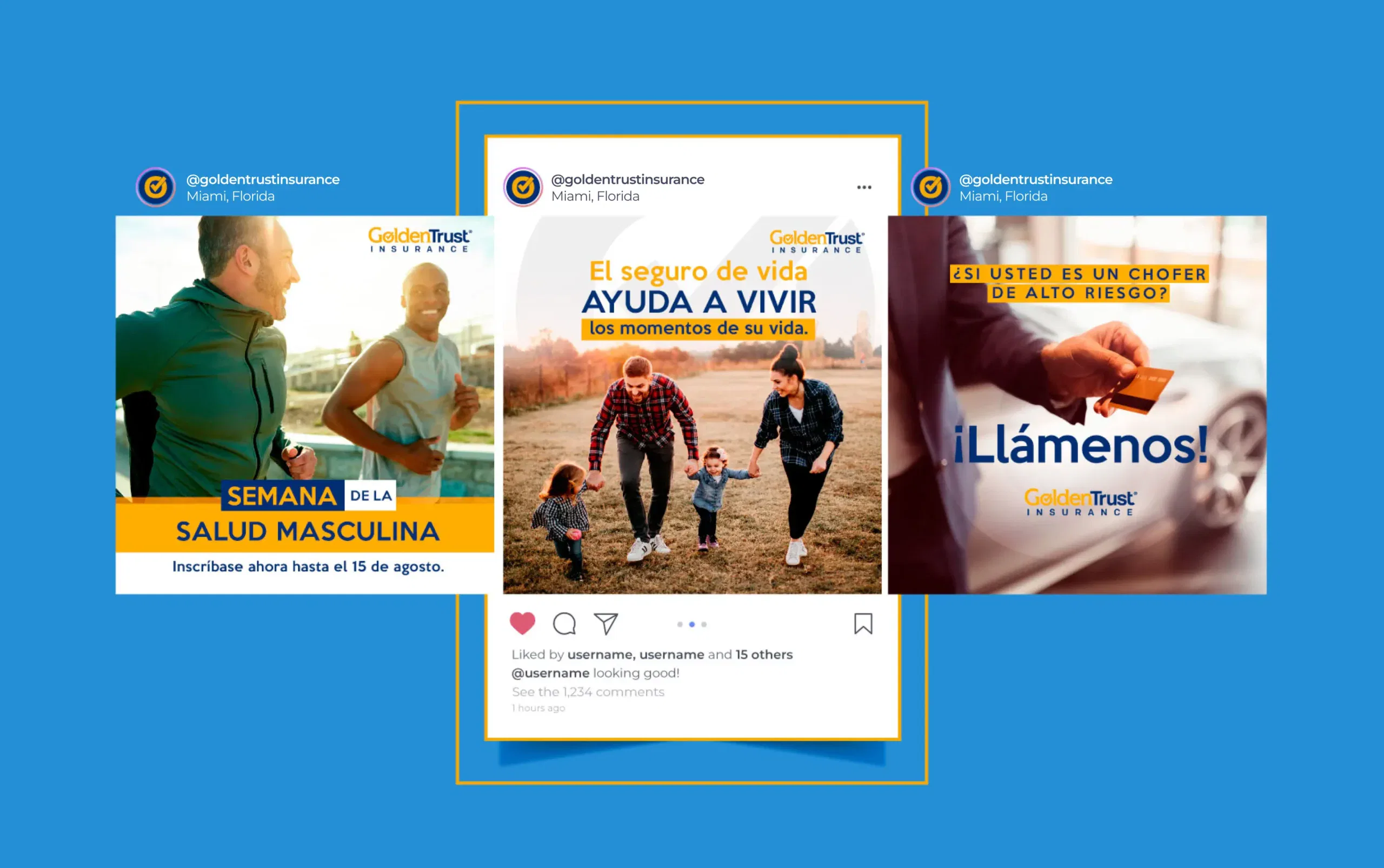 Three promotional images about men's health week and life insurance benefits. Includes a family walking and a person using a phone.
