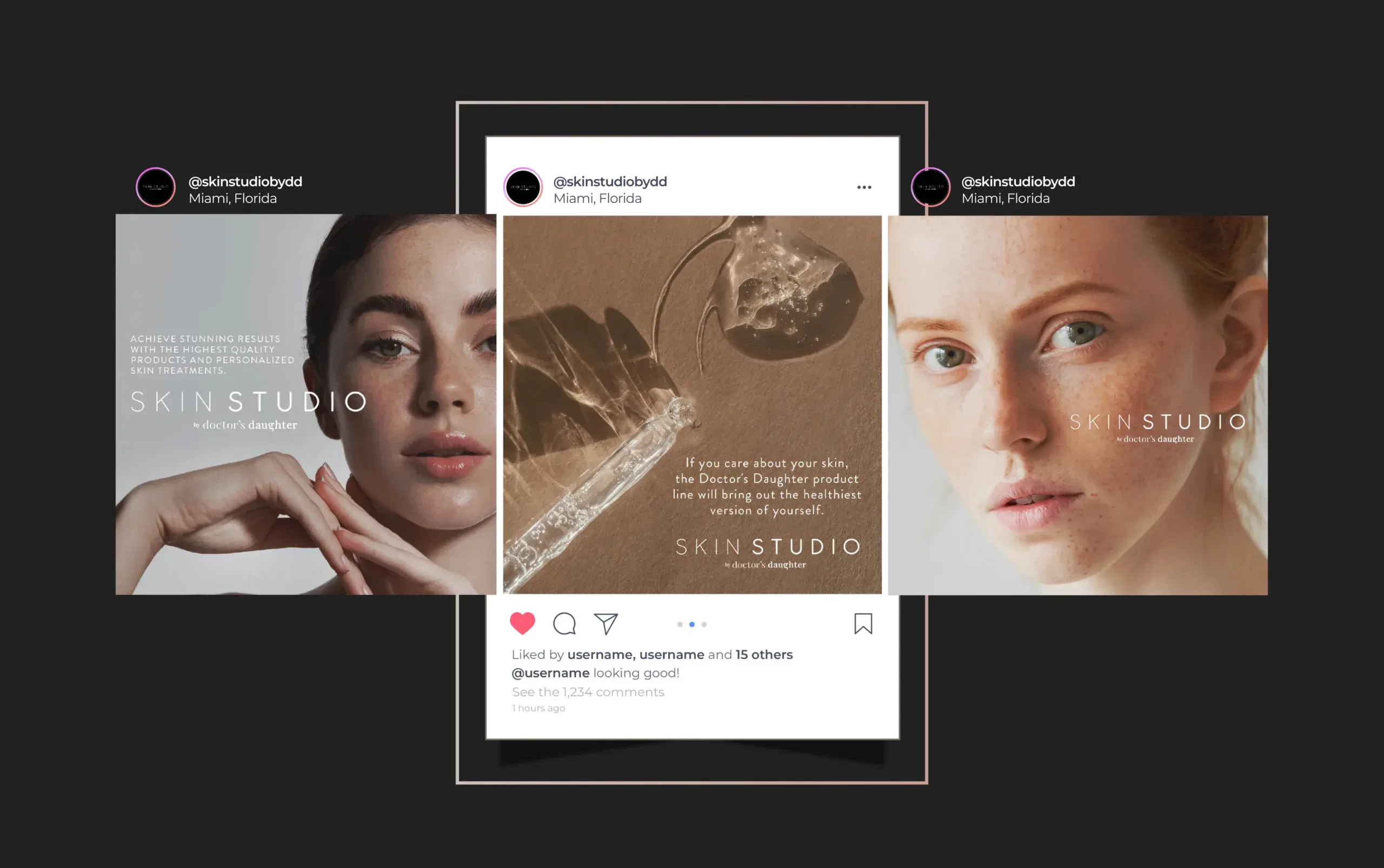 Skincare social media posts featuring minimalist designs and natural beauty.