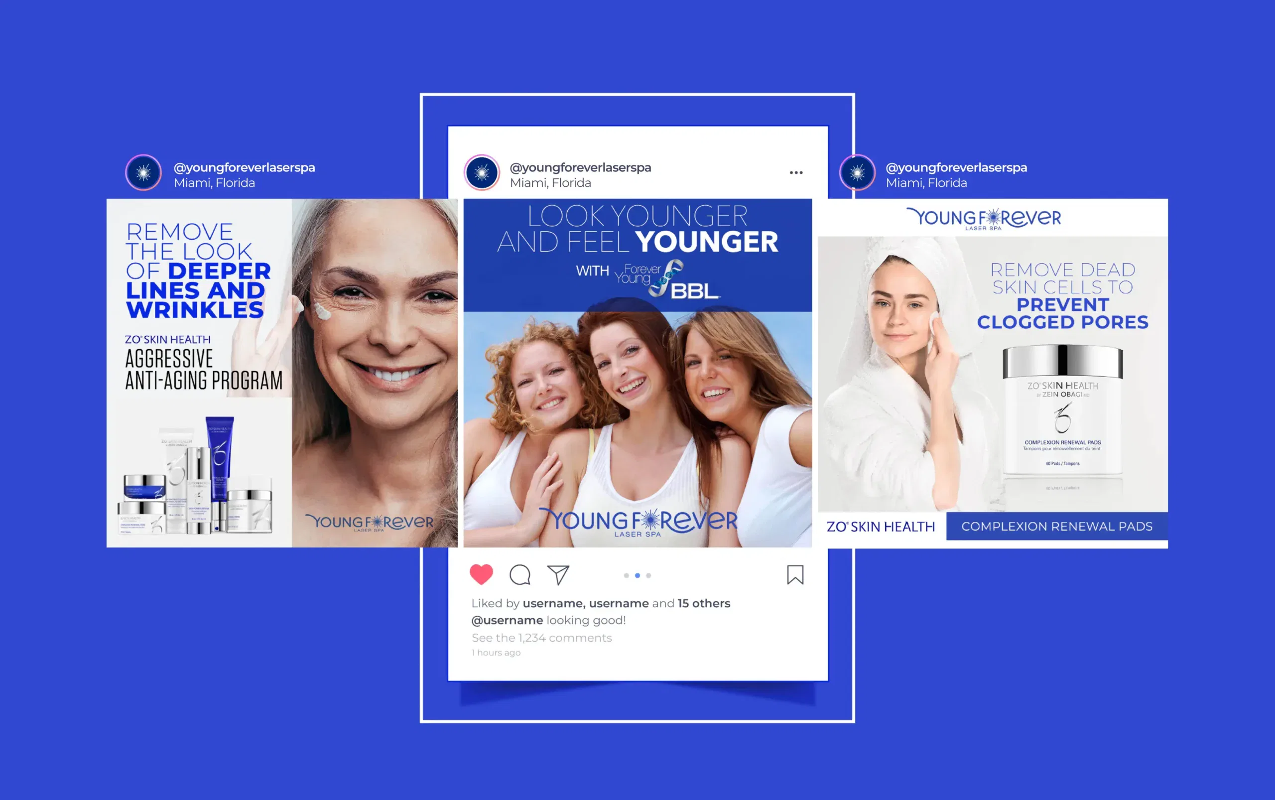 Skincare advertisements featuring smiling women and beauty products on a blue background.