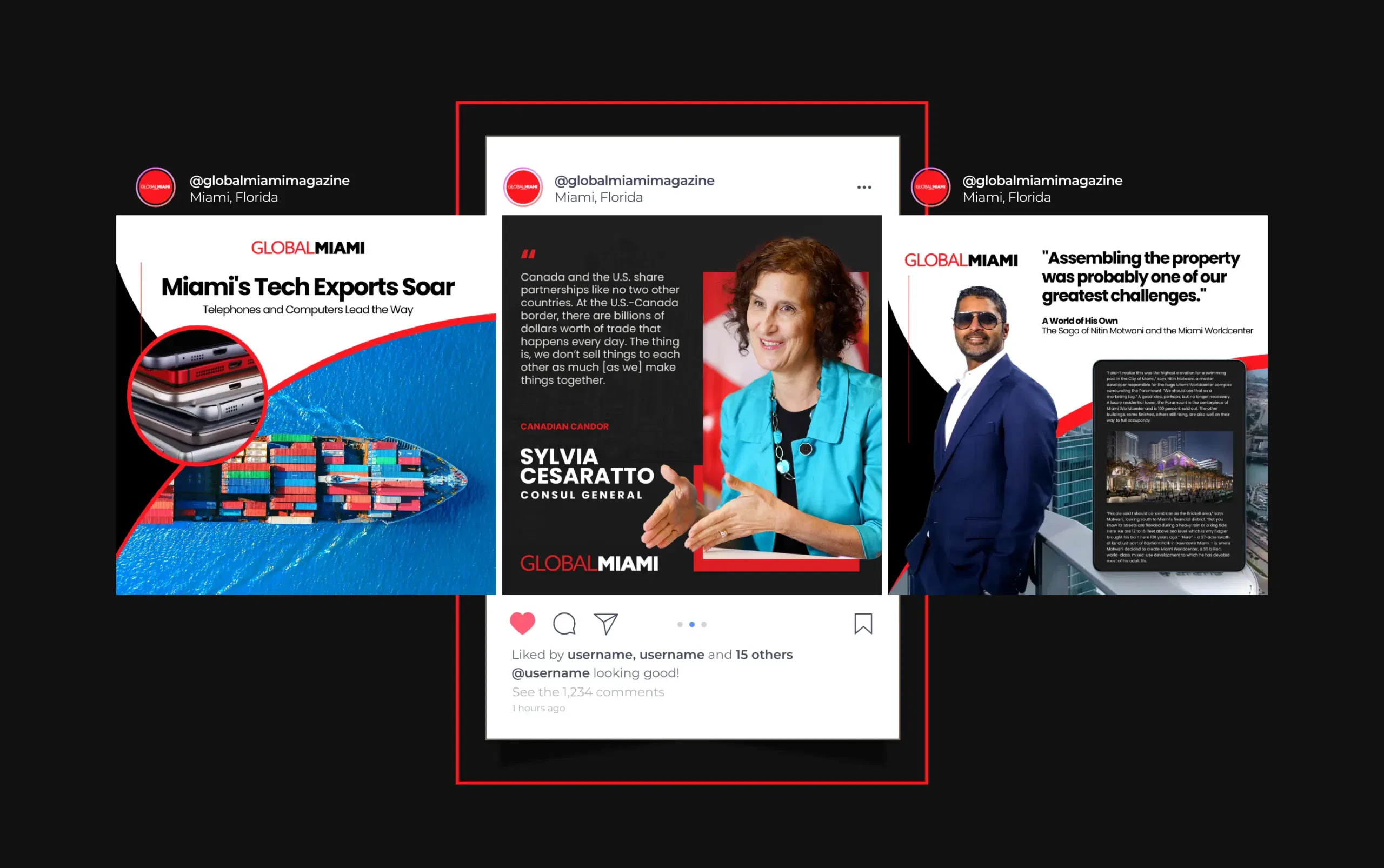 Digital magazine layout showcasing Miami's tech scene with industry leaders and shipping containers.