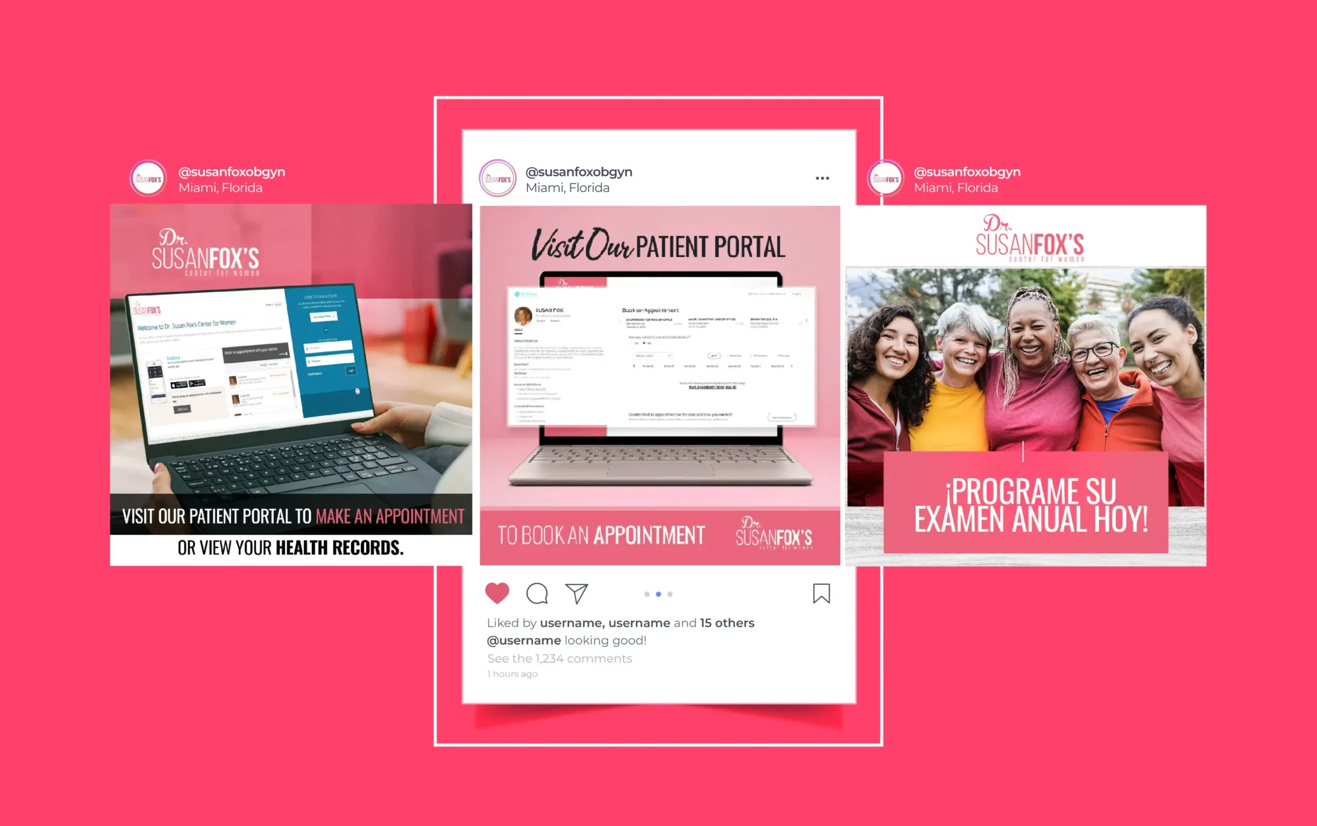 Three healthcare-themed digital designs featuring laptops and smiling women.