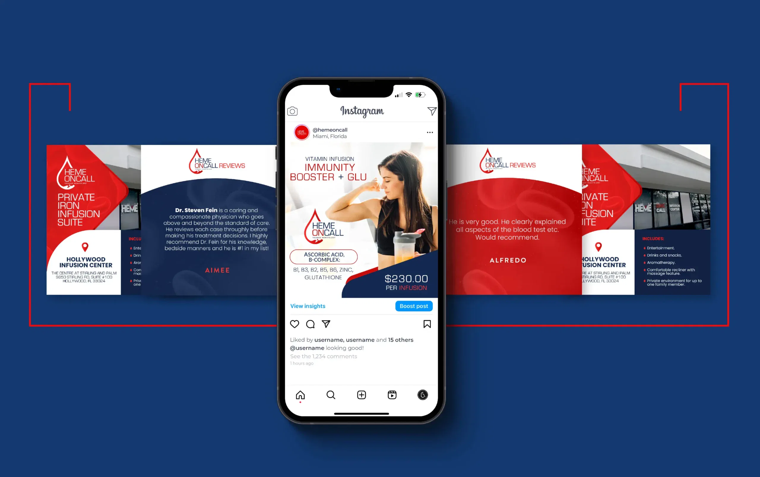 Smartphone displaying colorful Instagram post against a bold red and blue graphic background.