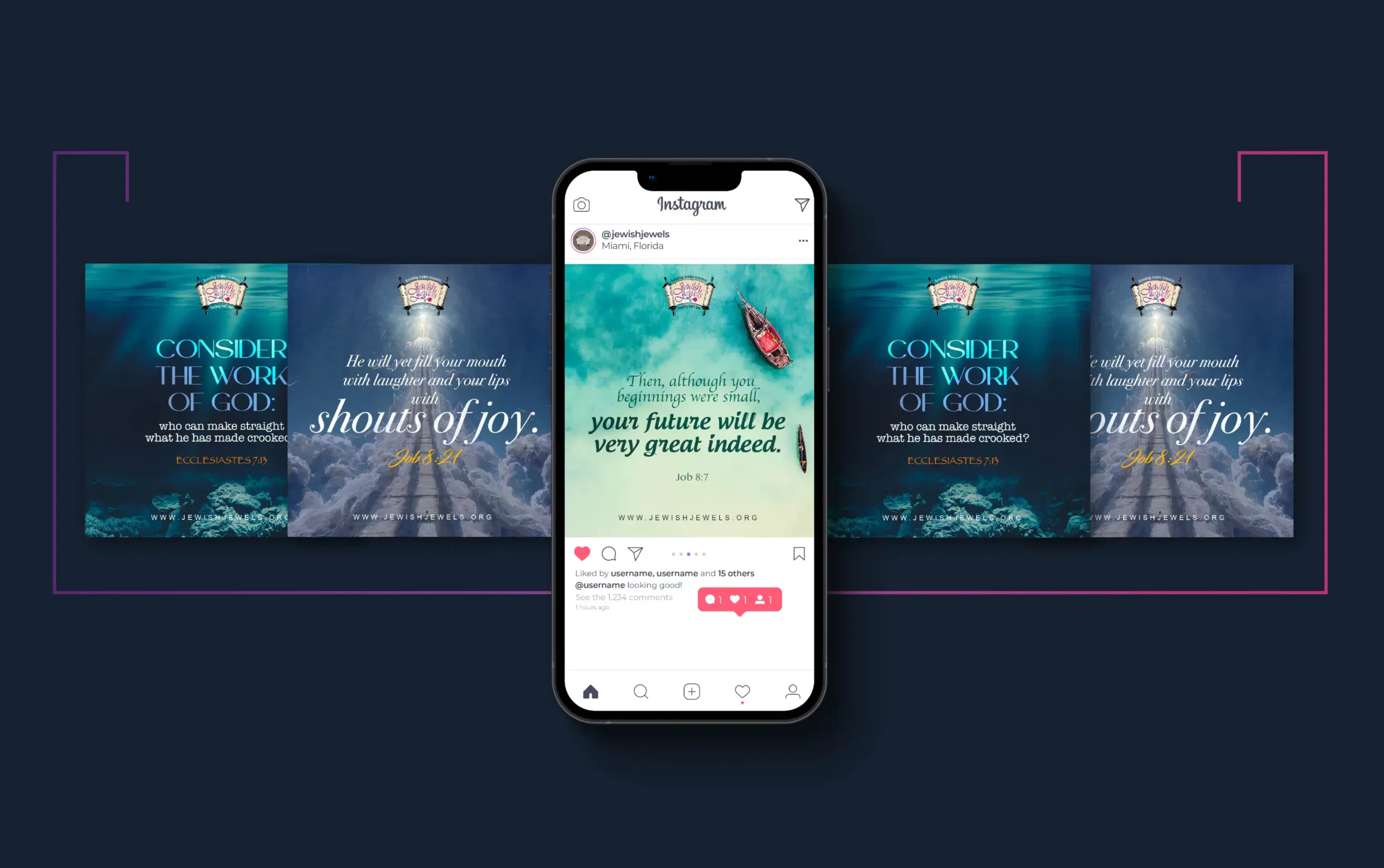 Digital marketing layout featuring an Instagram post preview on a smartphone amidst vibrant social media graphics.