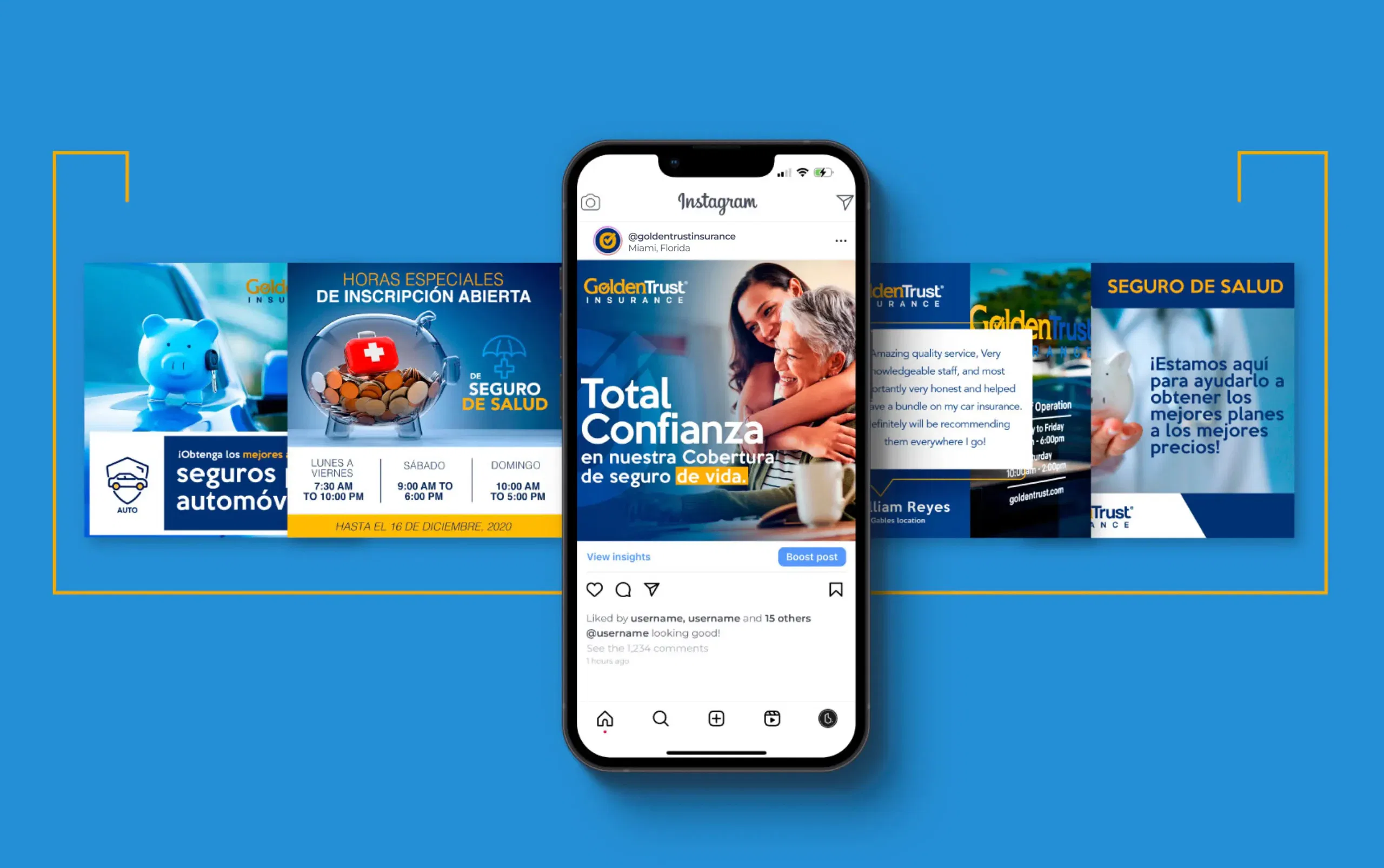 Mobile phone displaying a colorful insurance app interface with blue-themed banners in the background.