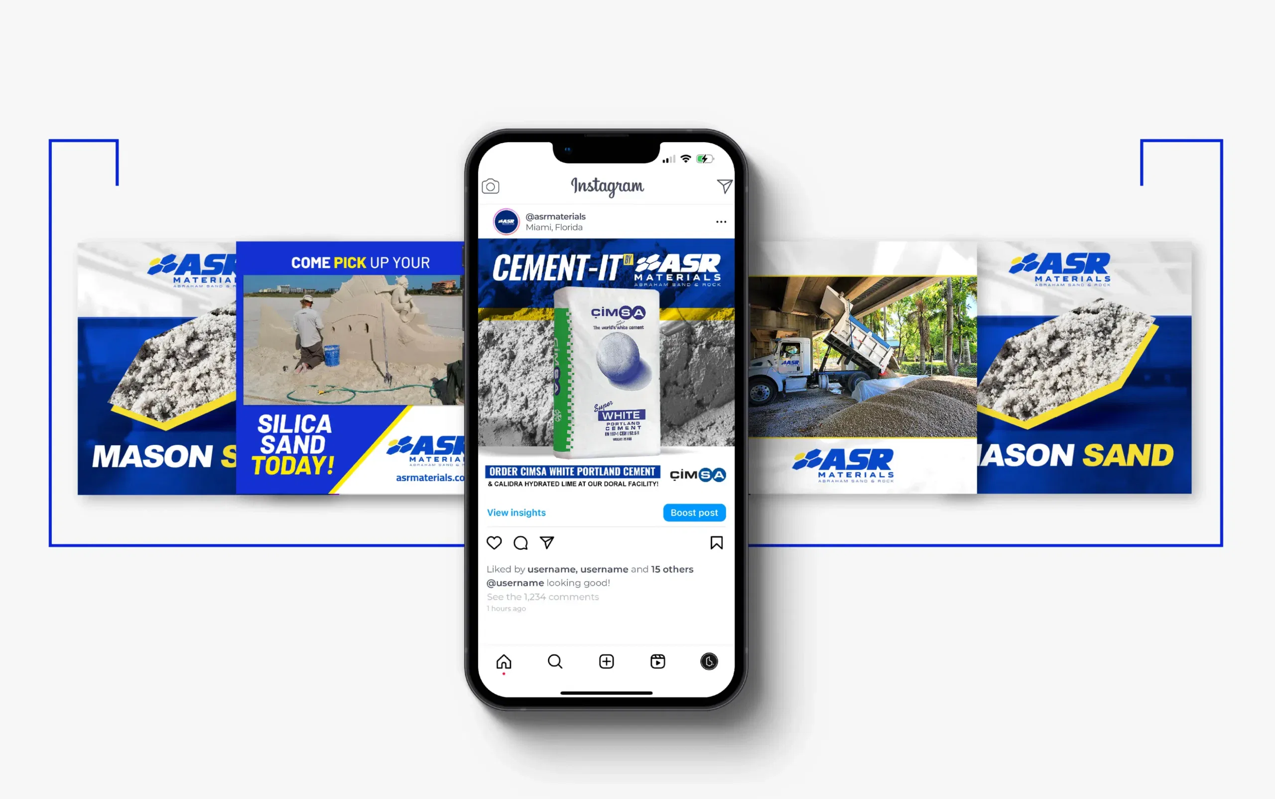 Mobile phone displaying Instagram post with cement products and construction scenes in the background.