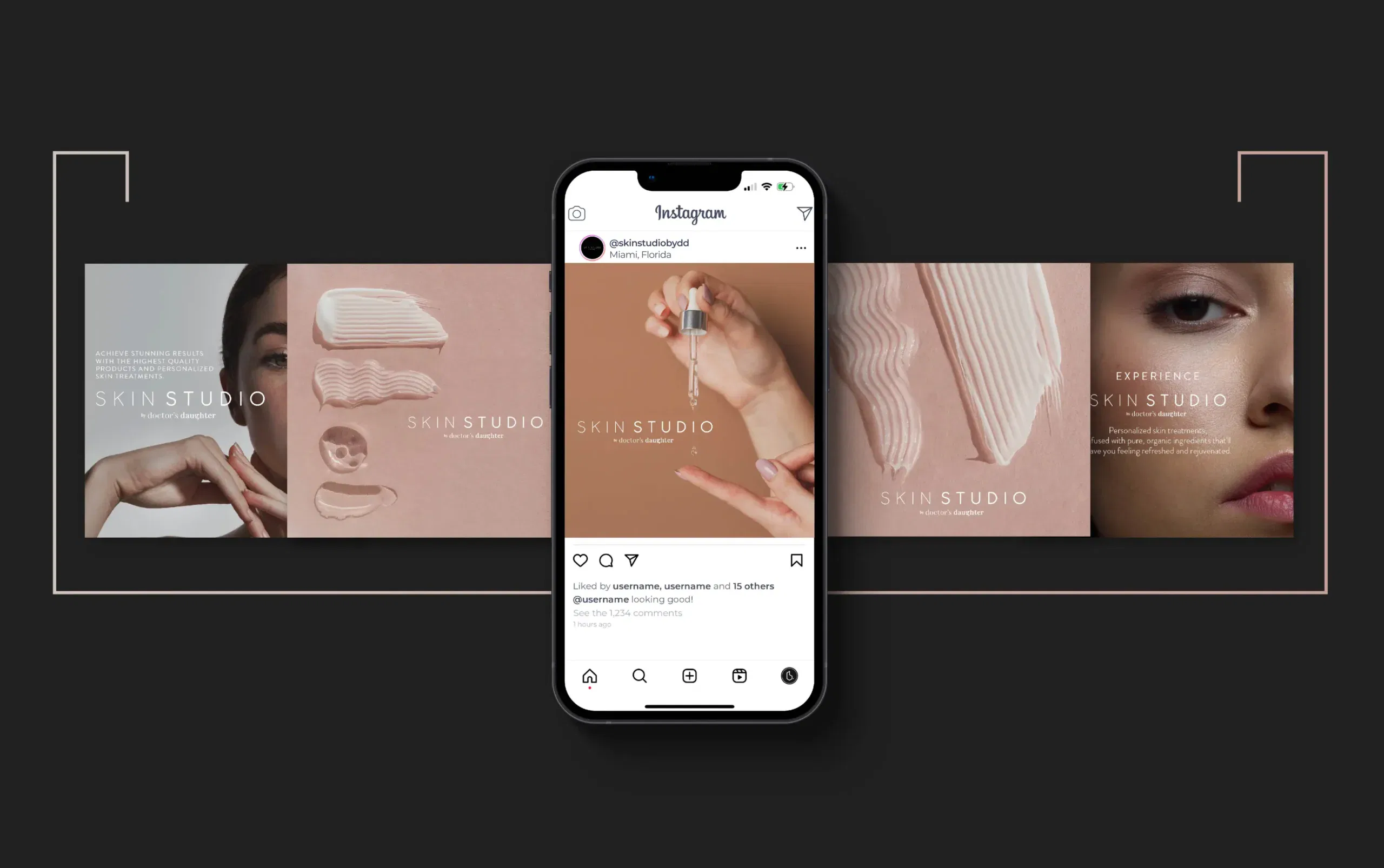 Mobile phone displaying Instagram post against minimalist backdrop with beauty-themed advertisements.