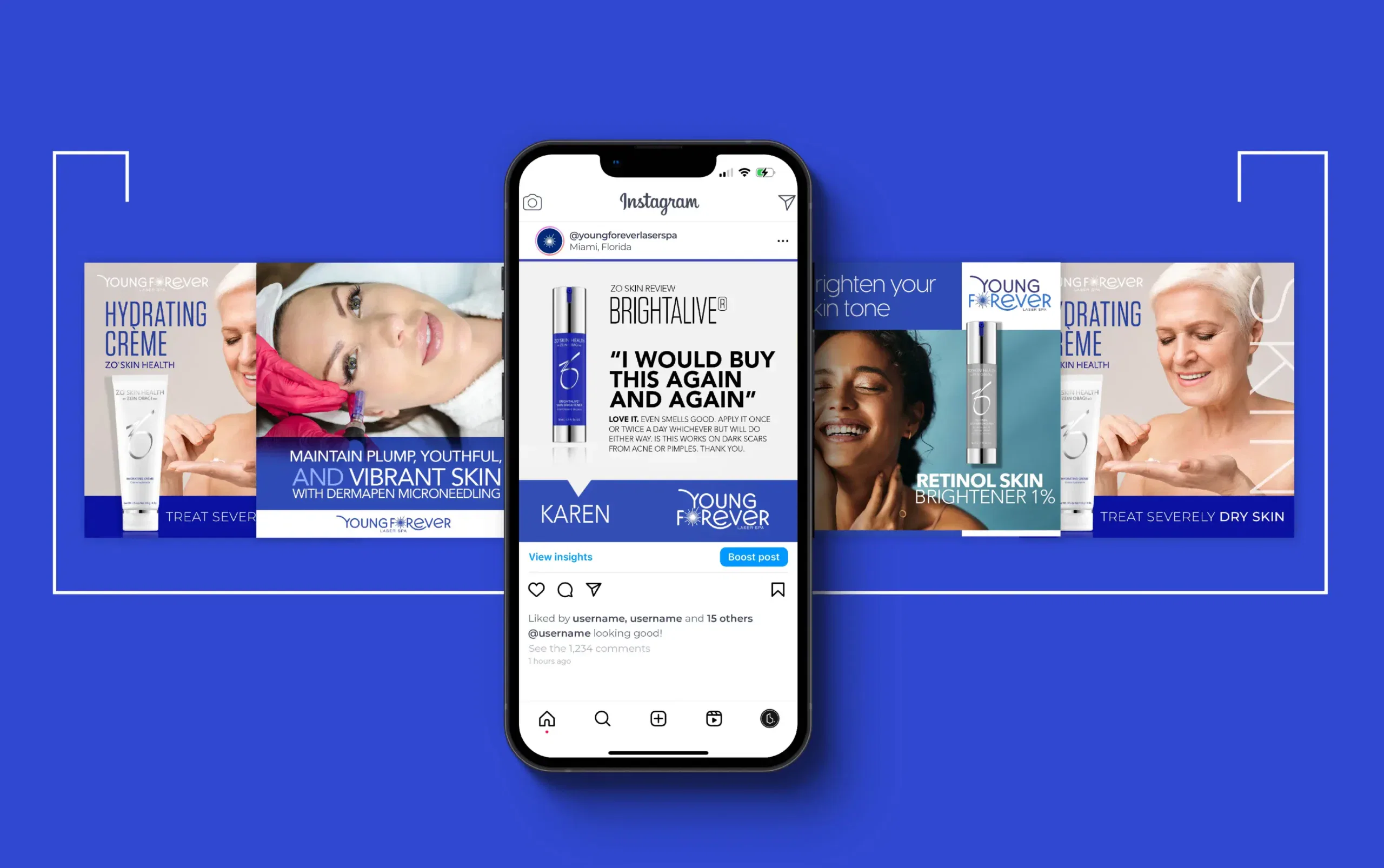 Smartphone displaying skincare product reviews with diverse images in the background.