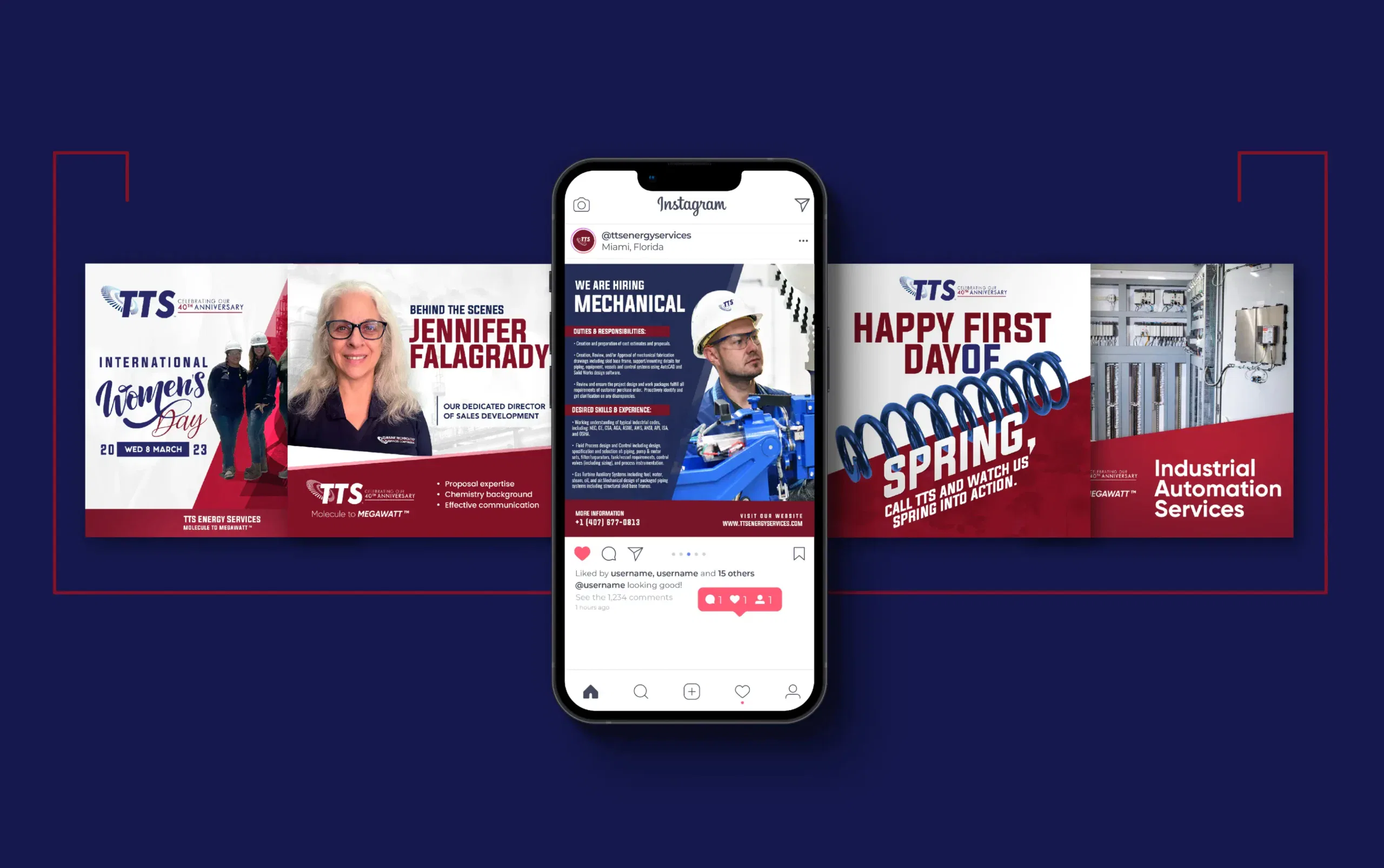 Mobile phone displaying Instagram content with red and blue promotional banners in the background.