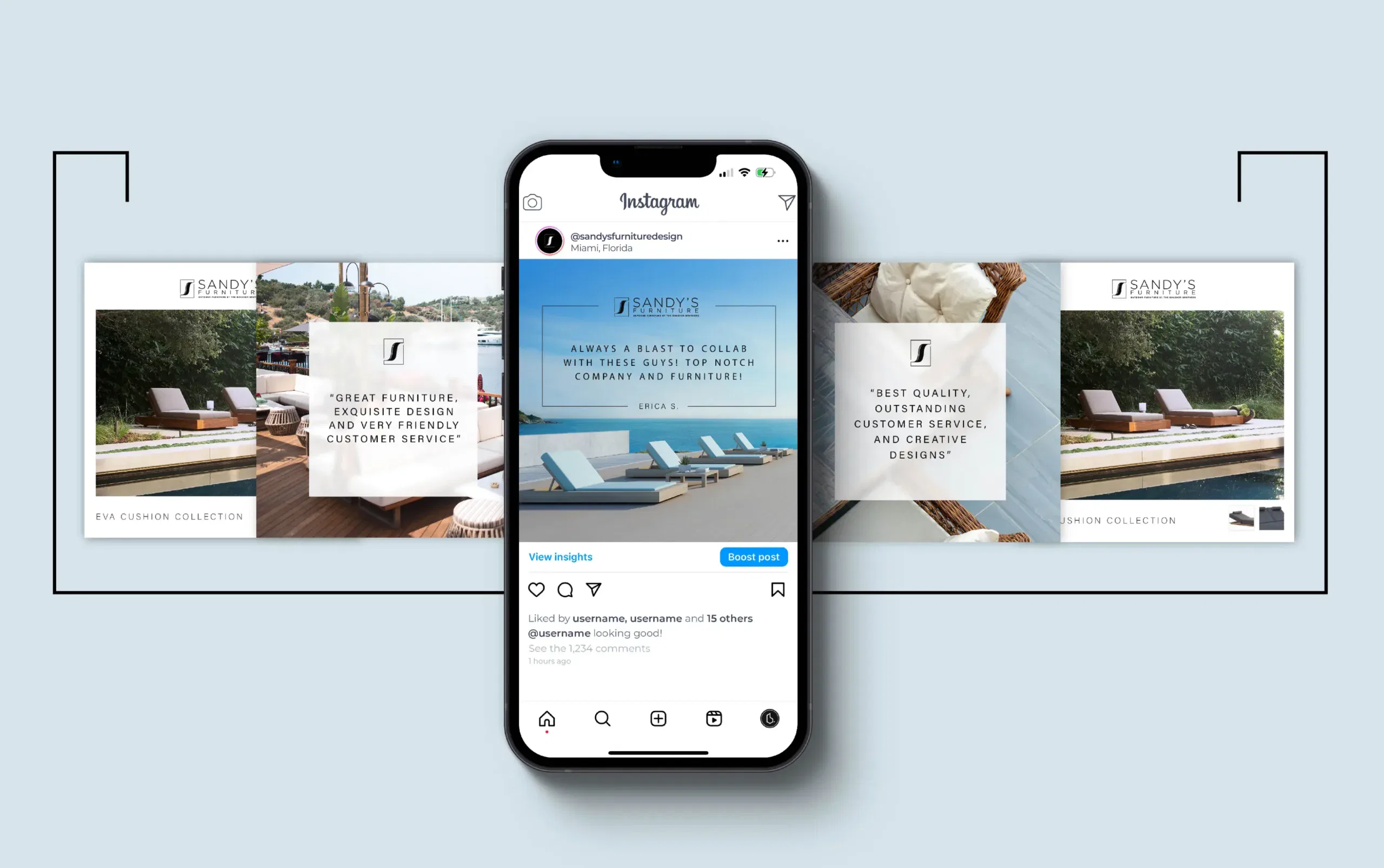 Smartphone displaying a beach resort's Instagram page with luxurious lounge chairs and scenic views in the background.