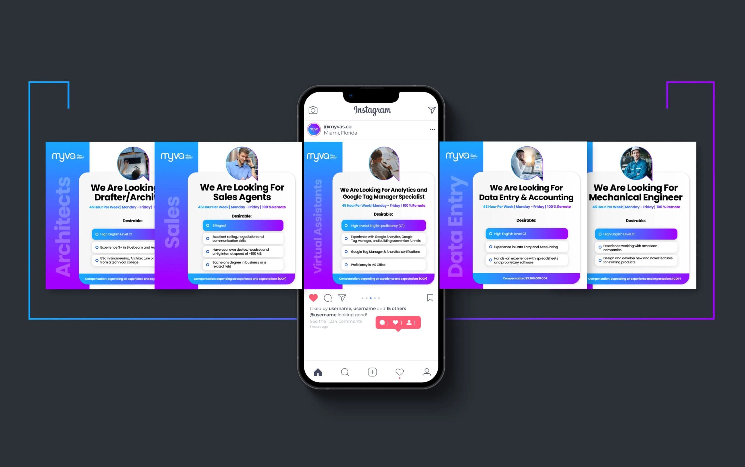 Mobile phone displaying job postings for architects, sales agents, and data entry against a dark background.