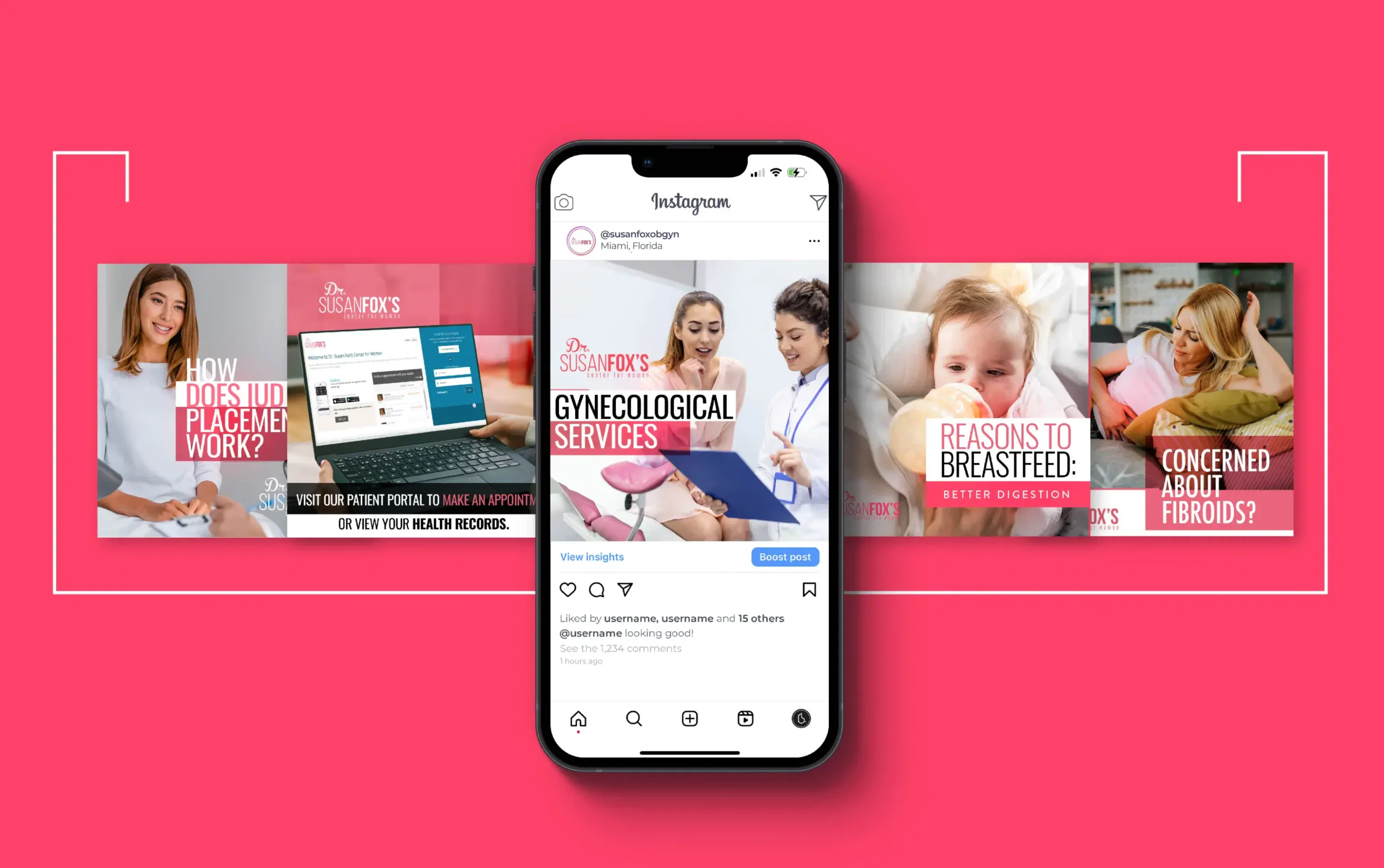 Mobile phone showing healthcare posts on Instagram against a bright pink backdrop.