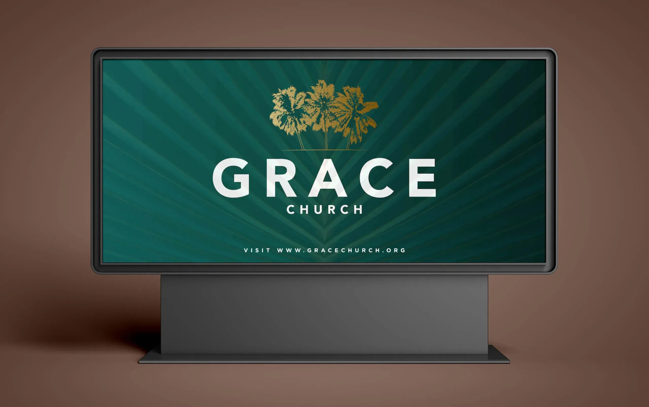Grace Church digital sign with logo and website on a modern background.