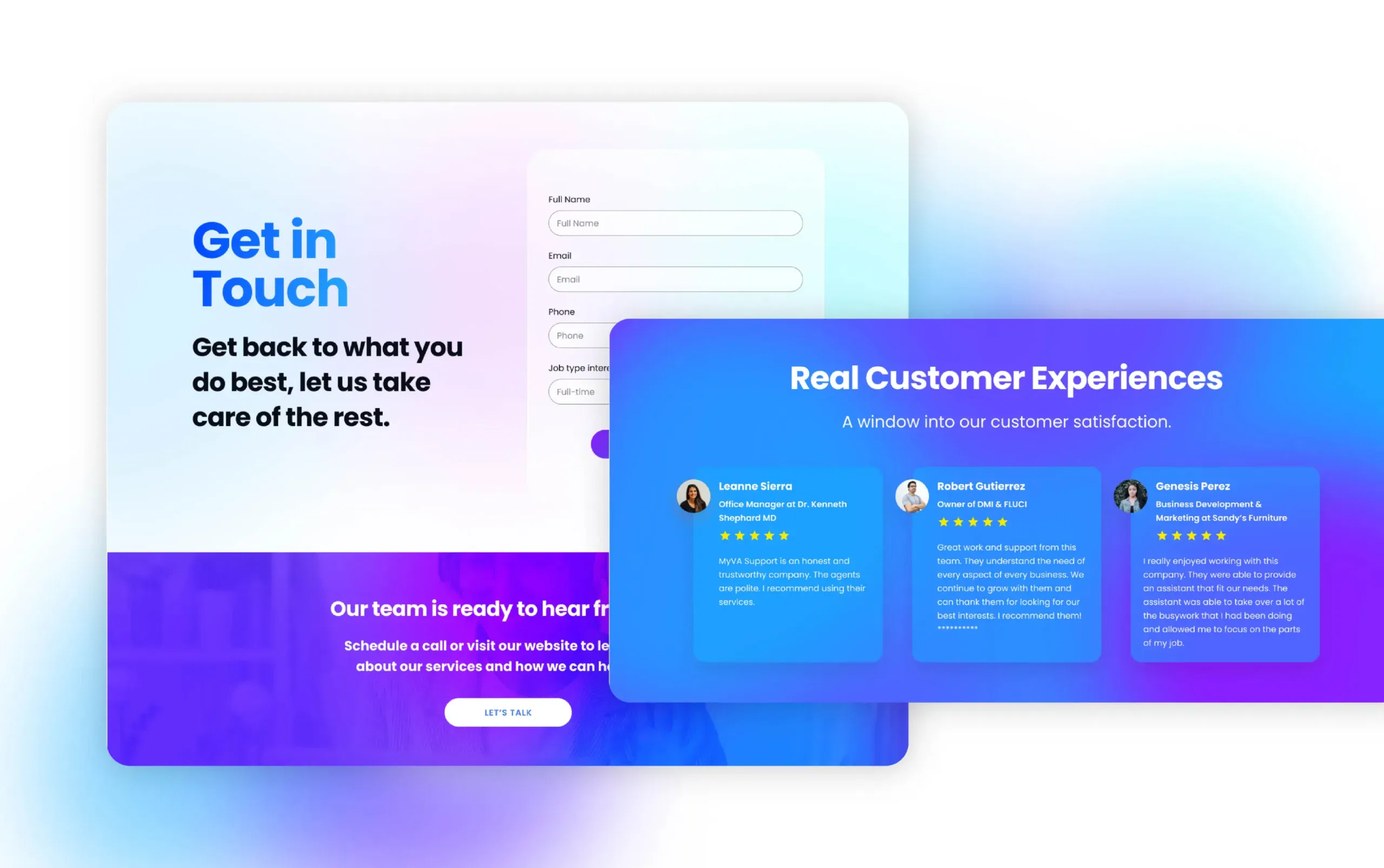 Modern web interface showing contact form and customer reviews on a vibrant, gradient background.