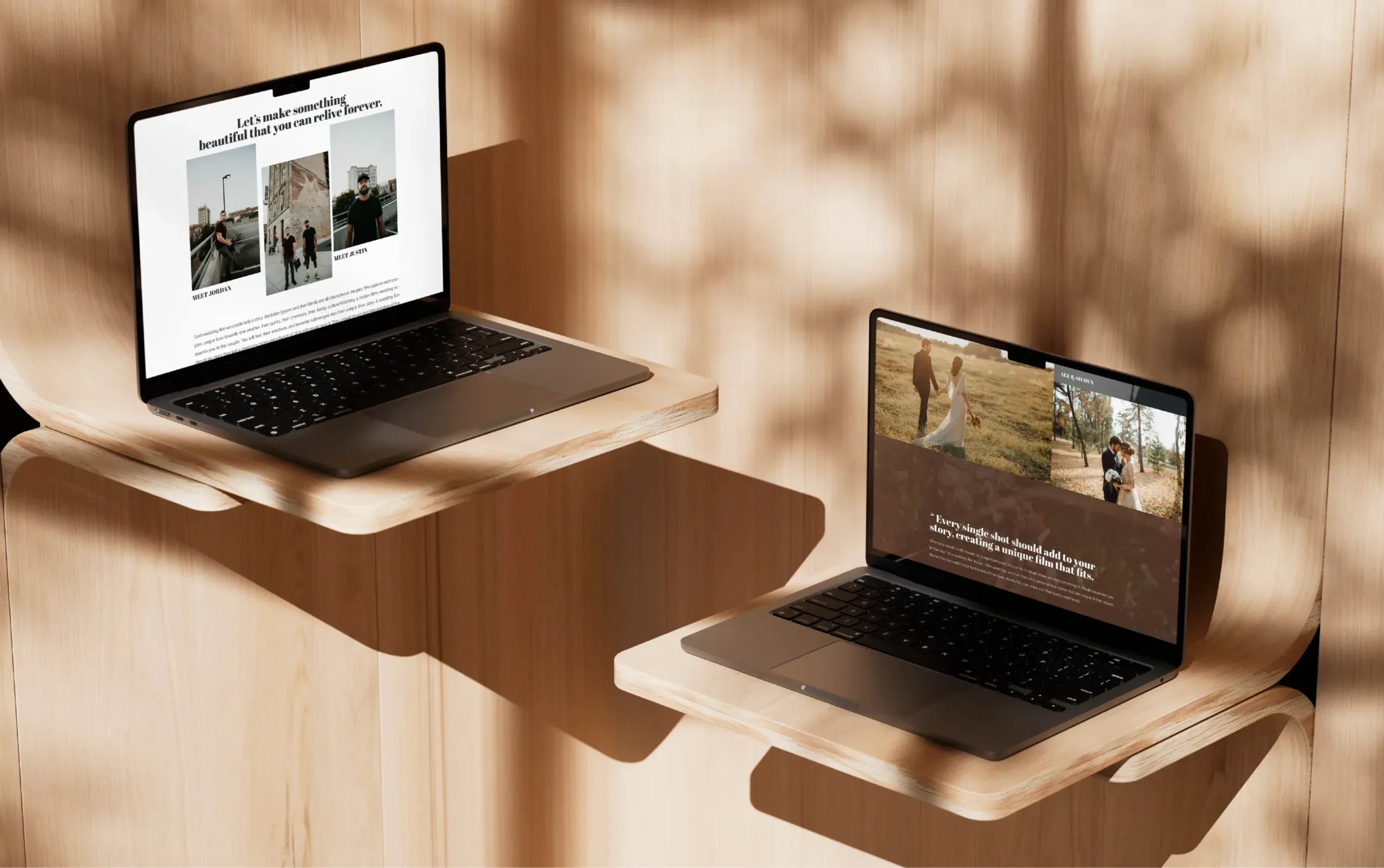 Two open laptops on wooden surfaces with shadows, displaying photographer portfolios.