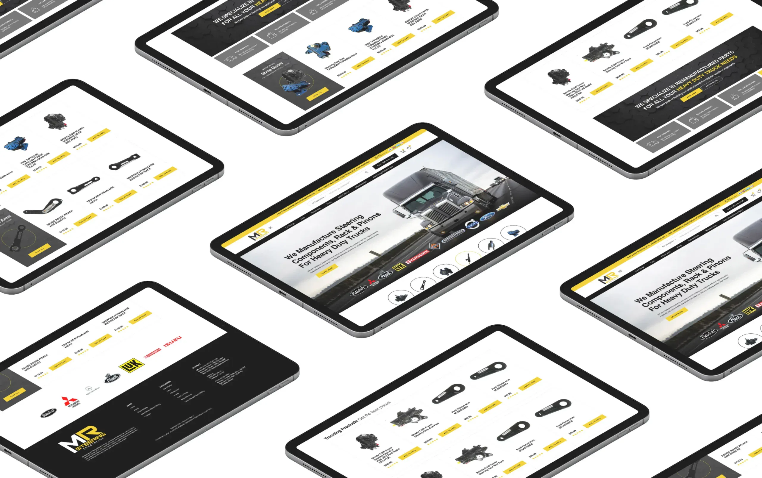Multiple tablets displaying automotive equipment website layouts on their screens.