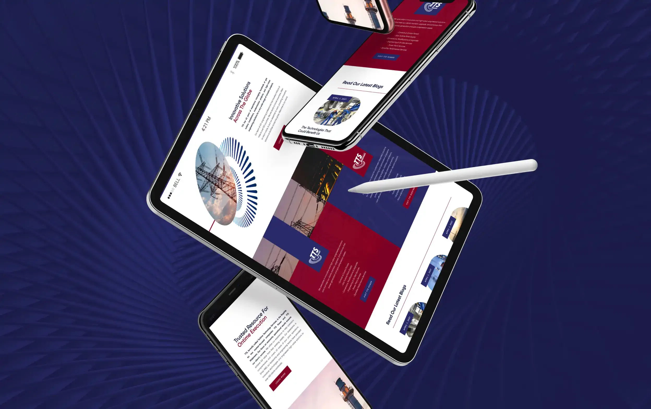 Digital devices showcasing a modern website design with vibrant graphics and a stylus pen.