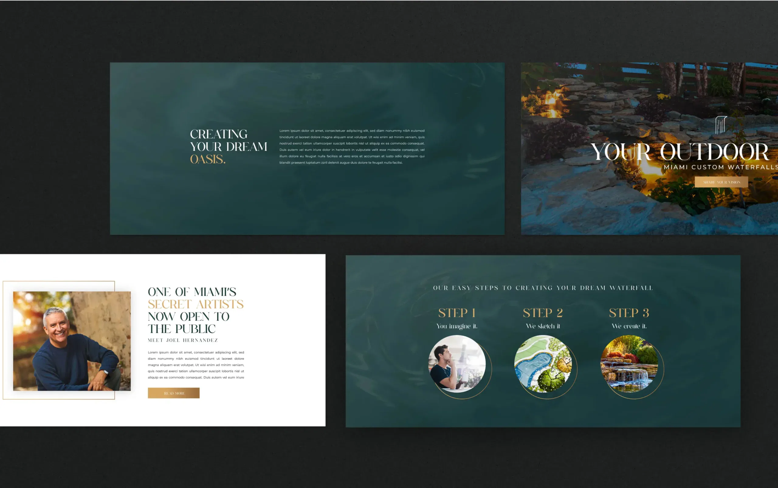 Website design showcasing outdoor living spaces and user engagement steps.