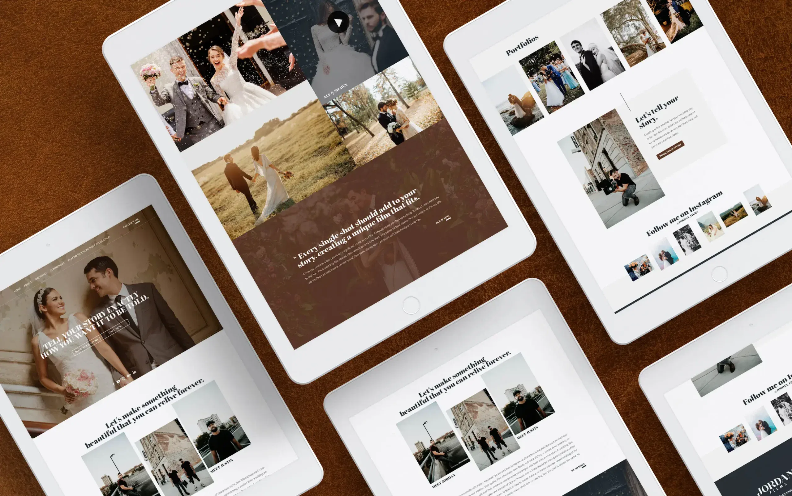 Tablets displaying various wedding photography styles and layouts.