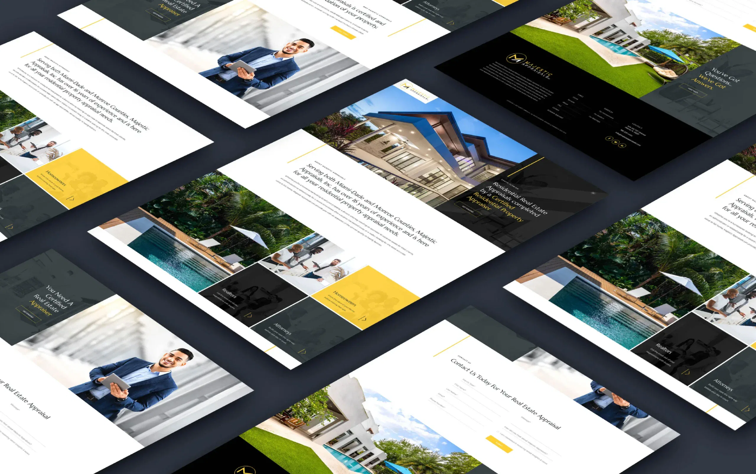 Responsive web design mockups showcasing modern layouts and vibrant images on a dark background.