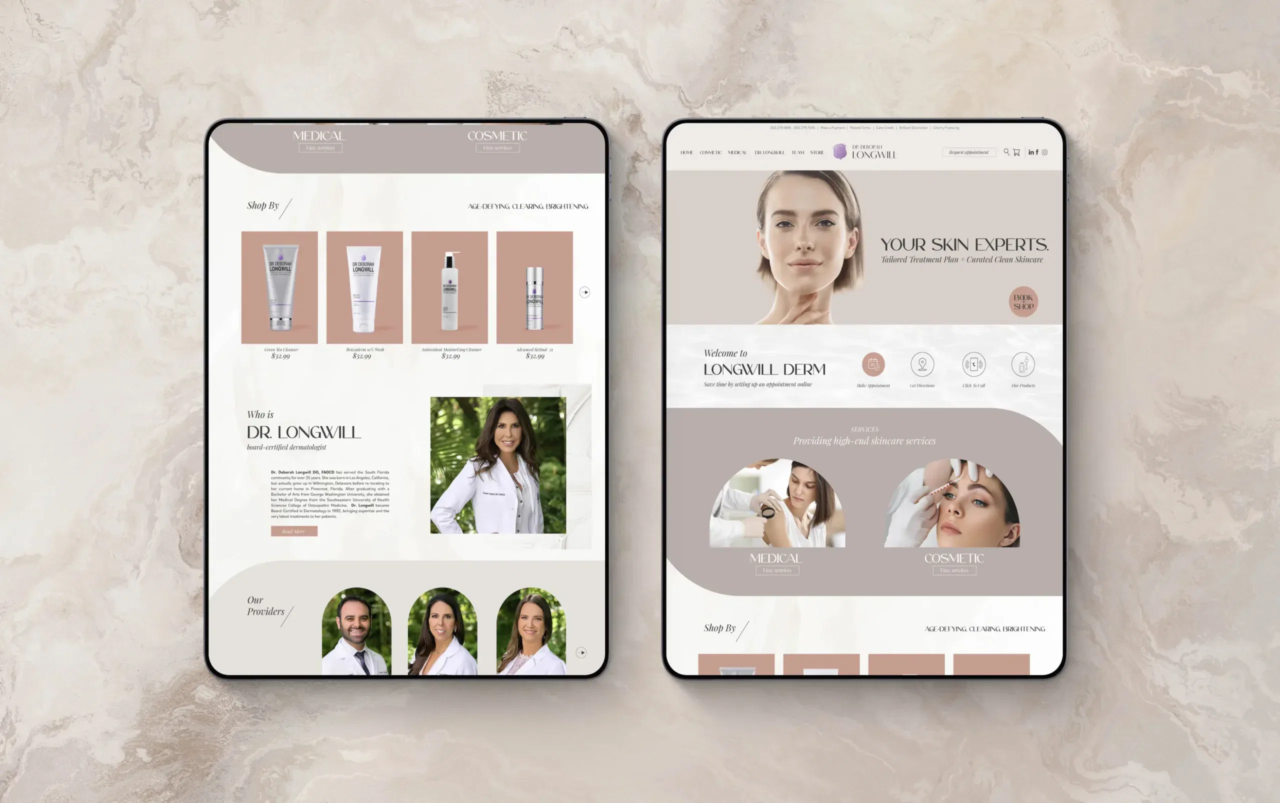 Two tablet displays showcasing a skincare website design with product images and user interface.