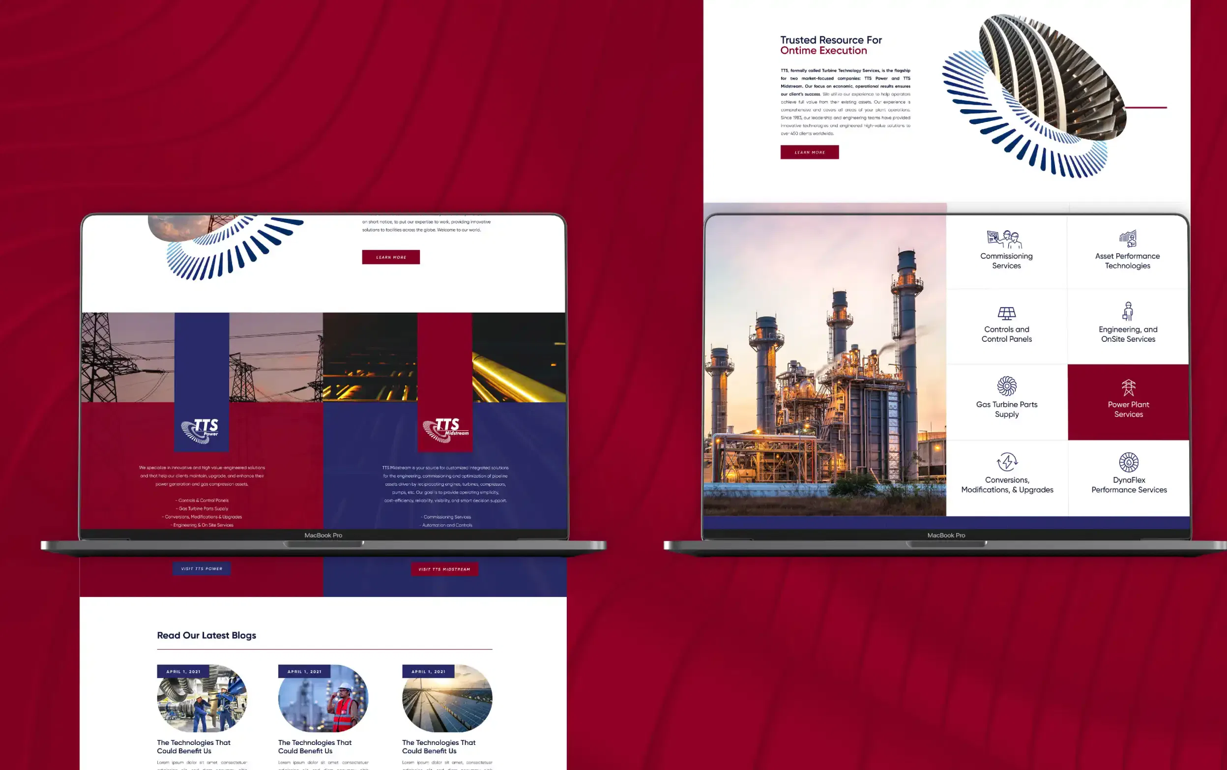 Two laptops displaying industrial and corporate web designs against a vibrant red backdrop.