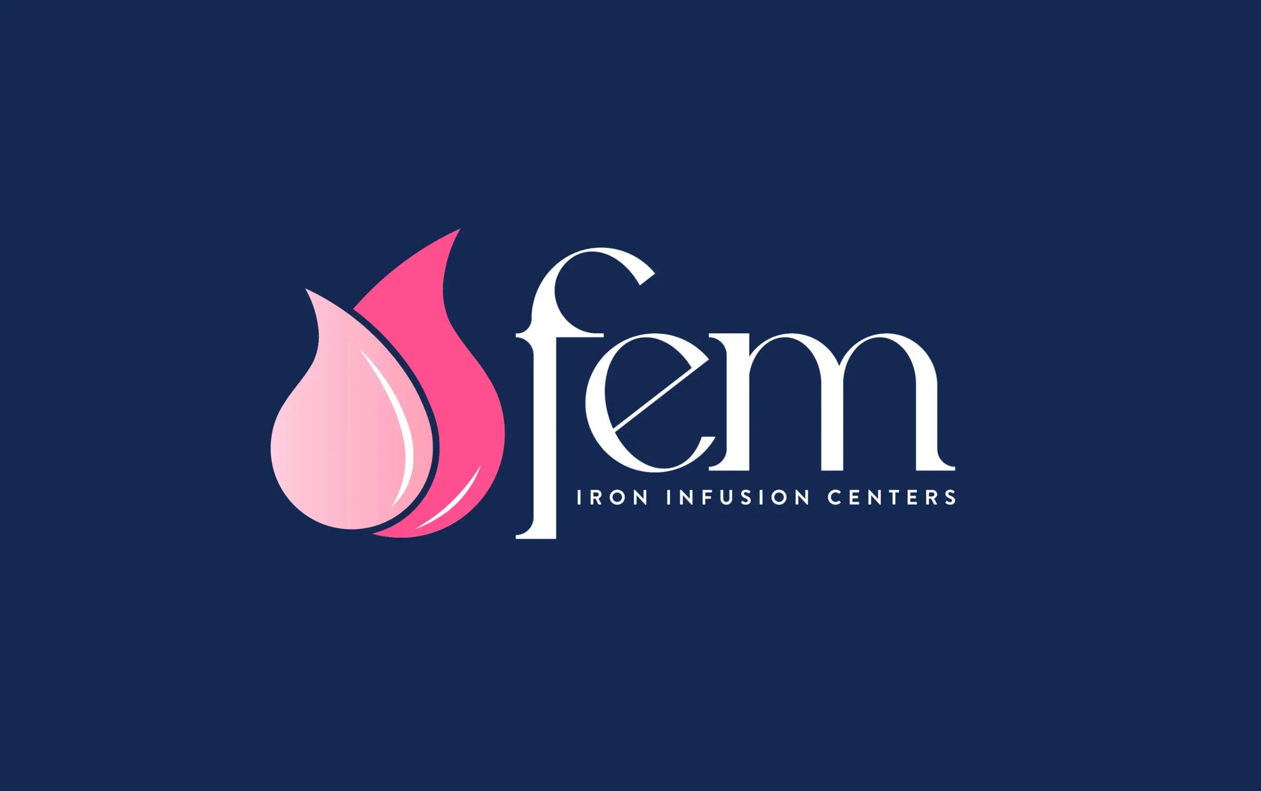 Fem Iron Infusion Centers logo on a dark blue background featuring stylized pink drop design.