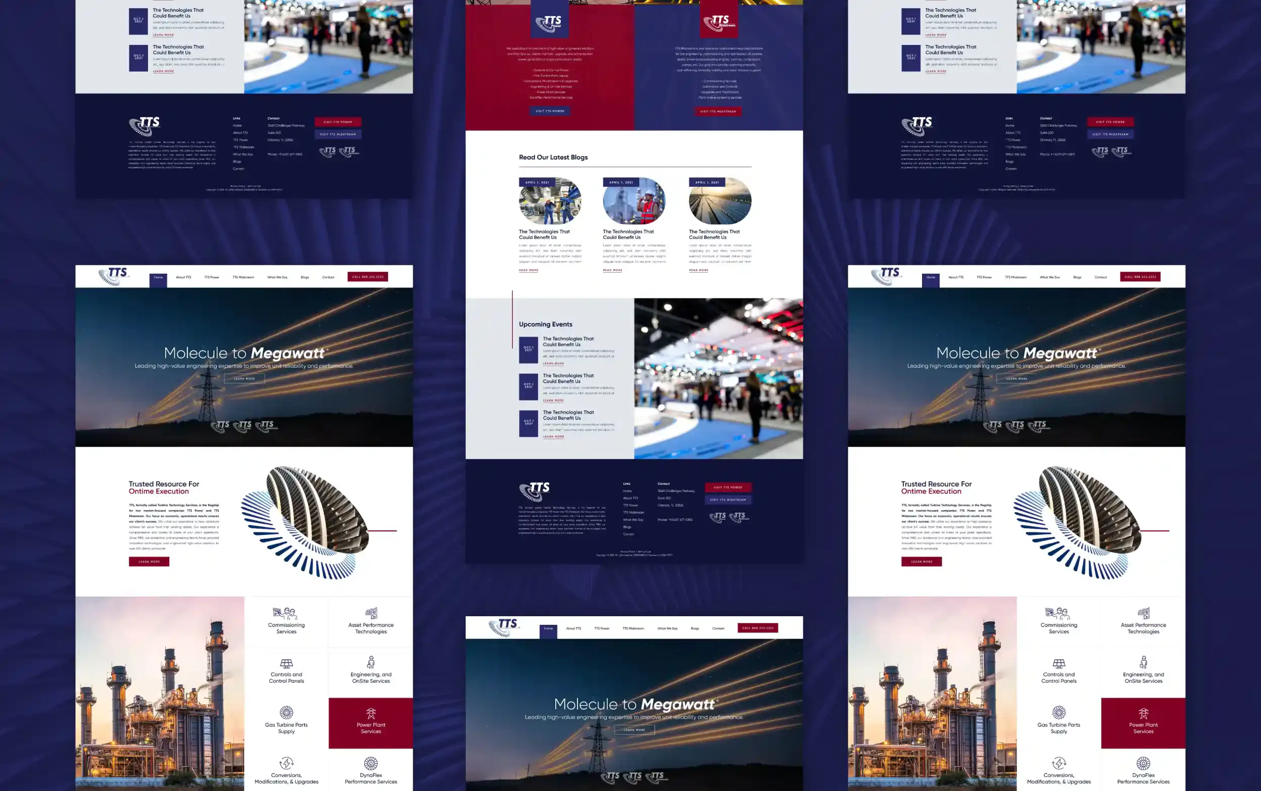 Multiple website screenshots showcasing modern design themes and industrial elements.