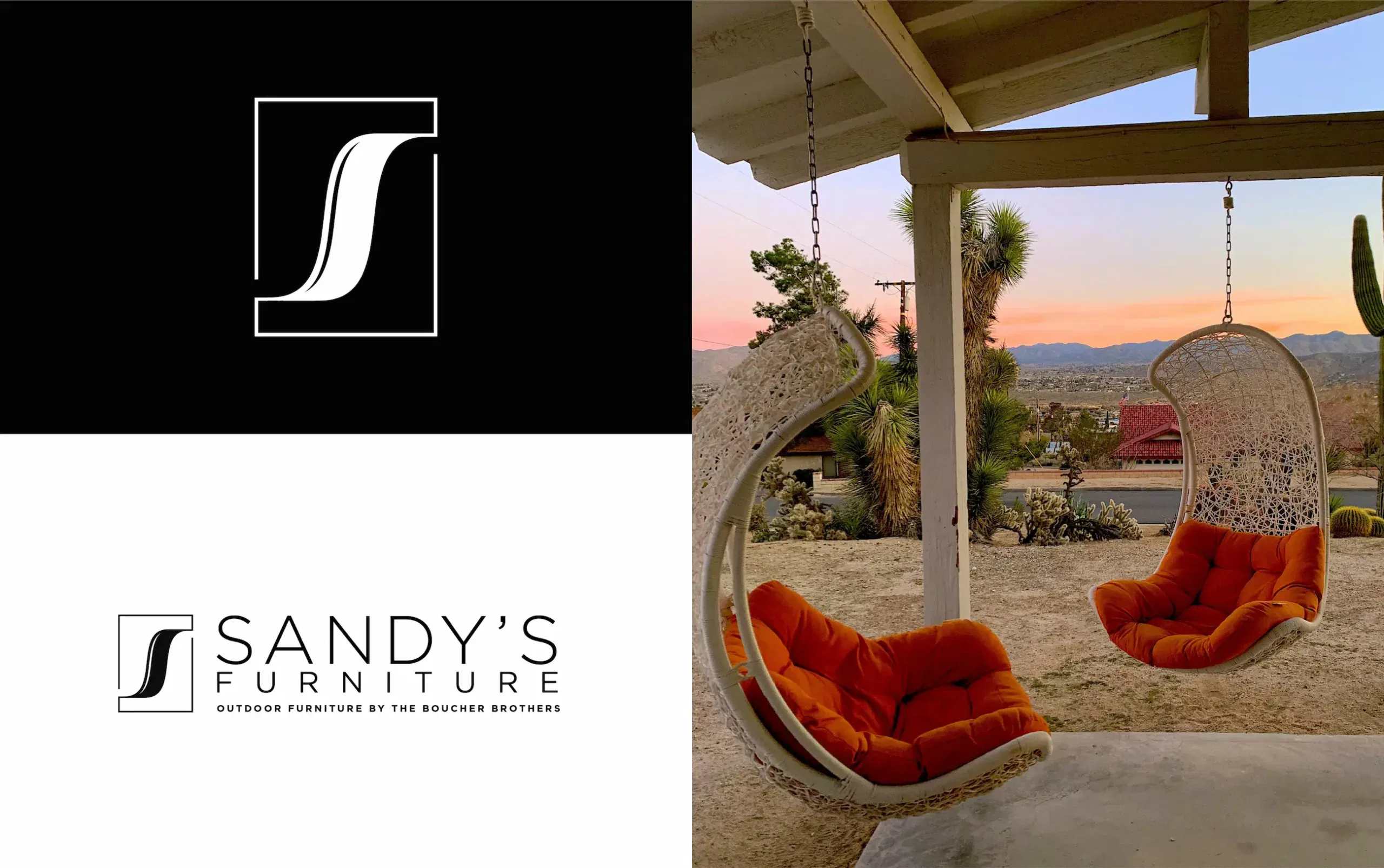 Cozy swing chairs on a patio at sunset beside Sandy's Furniture logo.